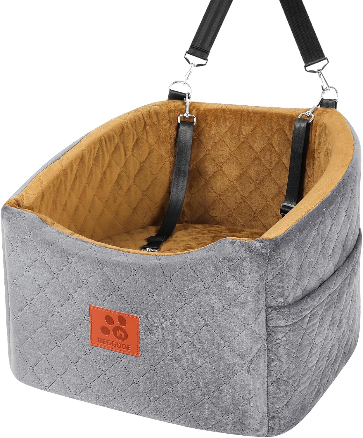 Dog Car Seat for Small Medium Dogs, Memory Foam Booster Car Seat for Dogs up to 35 lbs, Elevated Pet Car Seat, Travel Safety Bed with Washable Removable Cover and Storage Pockets(Gray/Coffee)
