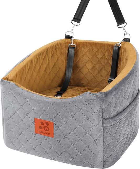 Dog Car Seat for Small Medium Dogs, Memory Foam Booster Car Seat for Dogs up to 35 lbs, Elevated Pet Car Seat, Travel Safety Bed with Washable Removable Cover and Storage Pockets(Gray/Coffee)