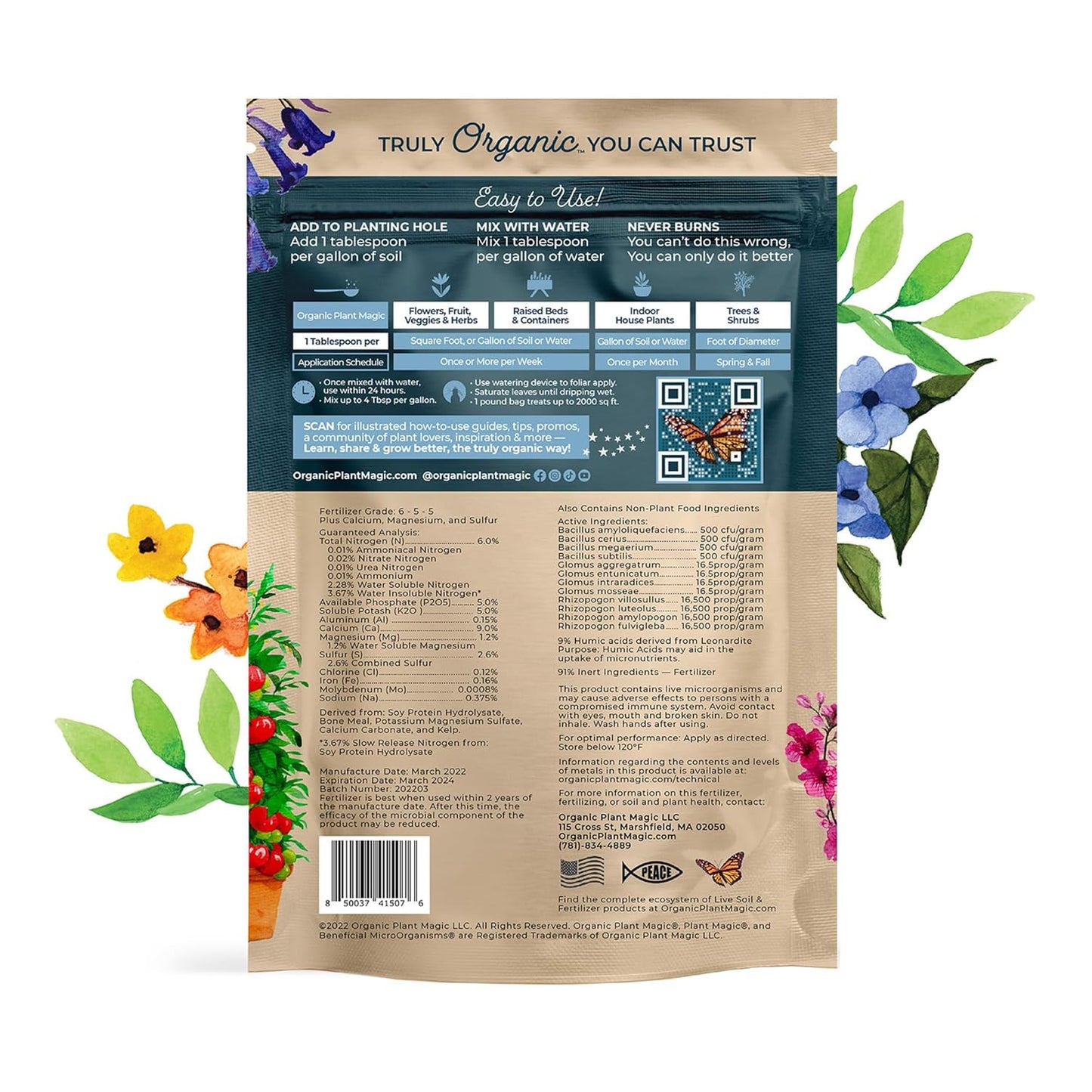 Organic Plant Magic - Truly Organic™ Fast-Acting Soluble Plant Food: All-Purpose Fertilizer Concentrate for All Flower Vegetable Herb Fruit Tree Shrub Container Garden & House Plants [One 1 lb Bag]