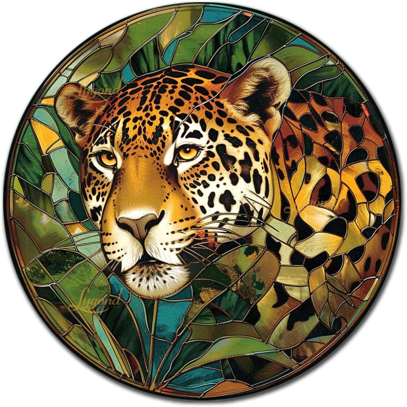Lygond Metal Sign Tin Sign Circular Stained Glass Jaguar Minimalist Wall Art for Garage 12×12 Inches