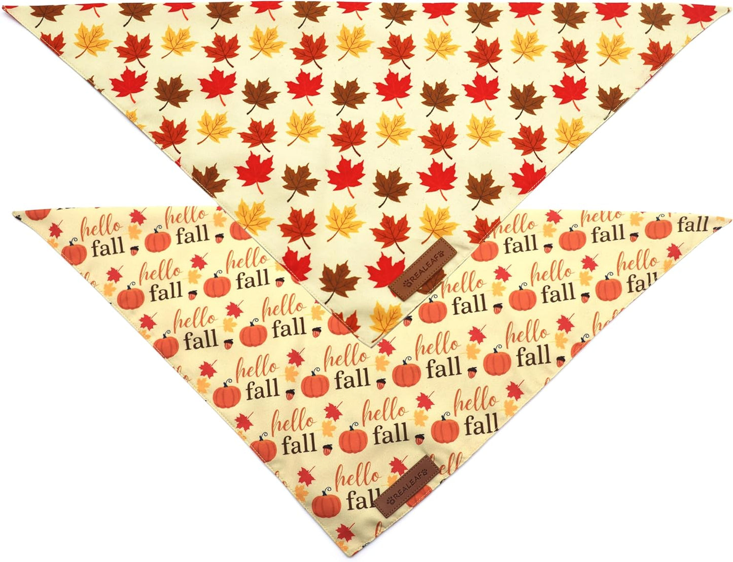 Realeaf Fall Dog Bandanas 2 Pack, Orange Pumpkin and Leaf Print Pet Scarf for Boy and Girl, Premium Durable Fabric, Holiday Bandana for Small and Medium Dogs (Small)