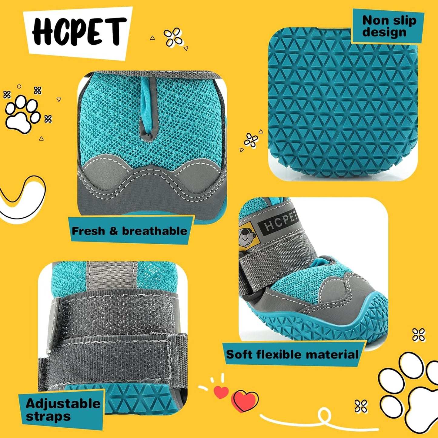 Hcpet Dog Shoes for Large Dogs, Breathable Dog Booties for Small Medium Dogs, Anti-Slip Dog Boots & Paw Protectors for Hot Pavement Winter Snow Hiking with Reflective Straps Blue Size 4