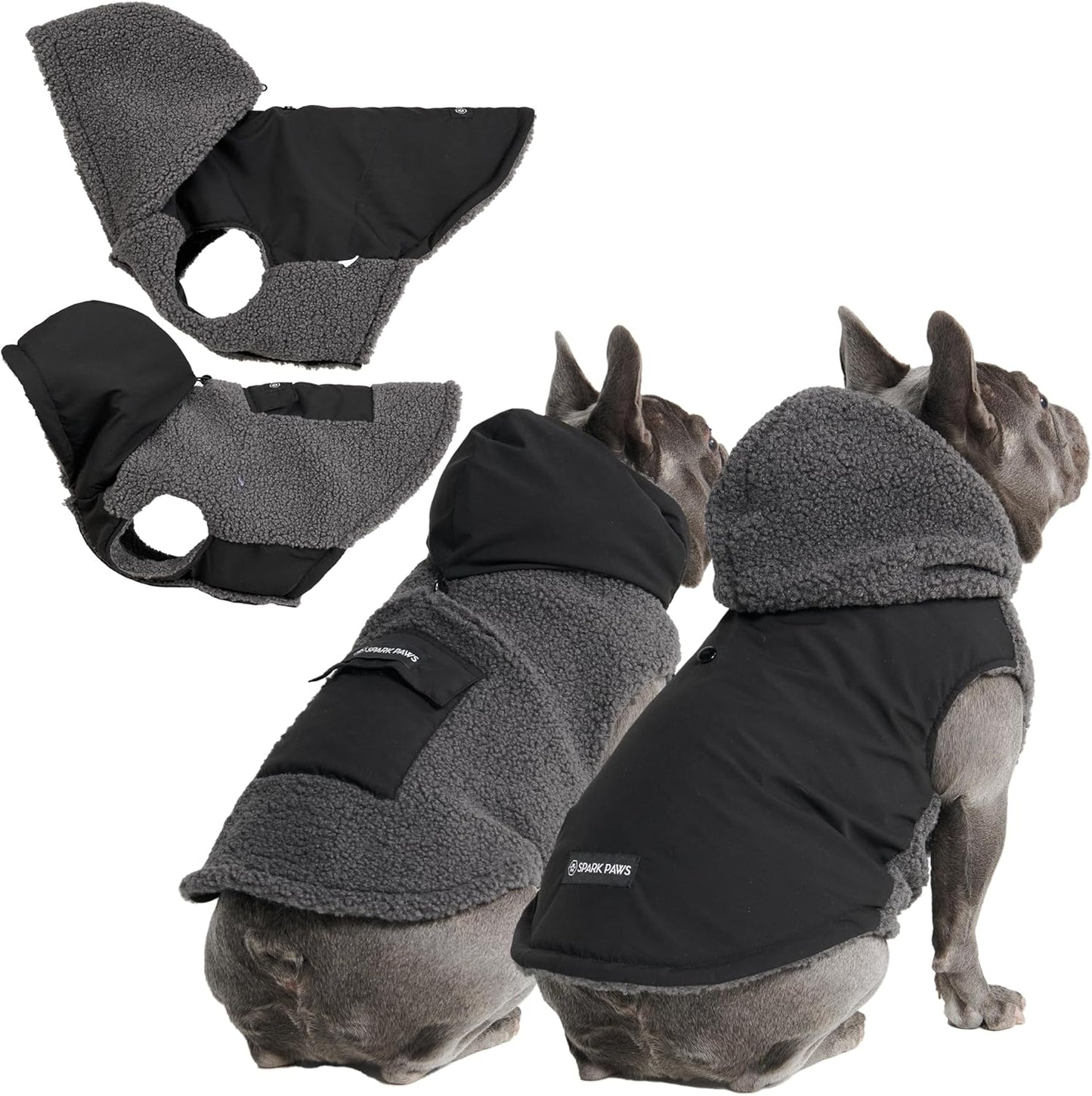 Spark Paws Reversible Dog Sweater, Sherpa Jacket Vest with Warm Fleece Lining, Warm Coat for Winter, Suitable for Small Medium, Large, XL XXL Dogs - Black and Grey - XL