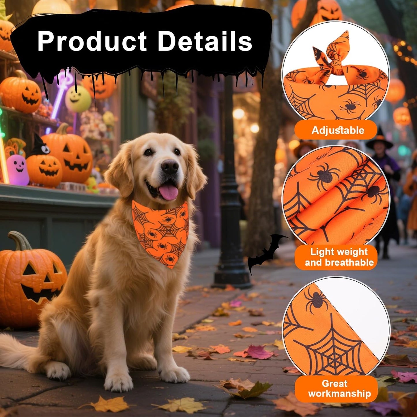 Doncida Halloween Dog Bandana and Thanksgiving Christmas Dog Bandanas 3 Pack, 6 Pattern Reversible Triangle Scarf for Large and X-Large Dogs, Premium Durable Fabric Bibs for Pets (X-Large)