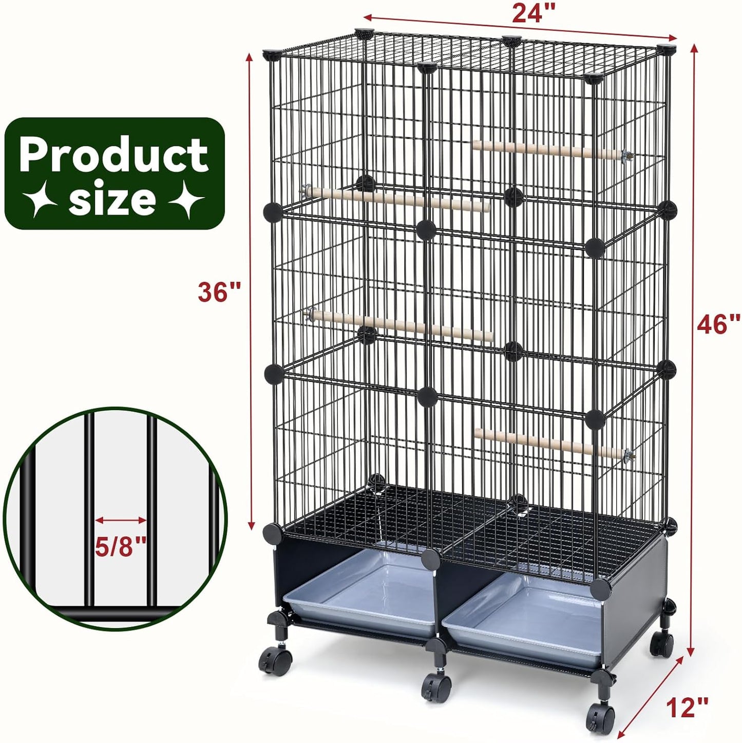 46-Inch Bird Cage, with Wooden Perches, Metal Parakeet Cage with Slide-Out Tray, Water Bottle & Feeder, Bird Cages for Parrot, Parakeets, Cockatiel, Lovebird, Pigeon and Small Mid-Sized Birds