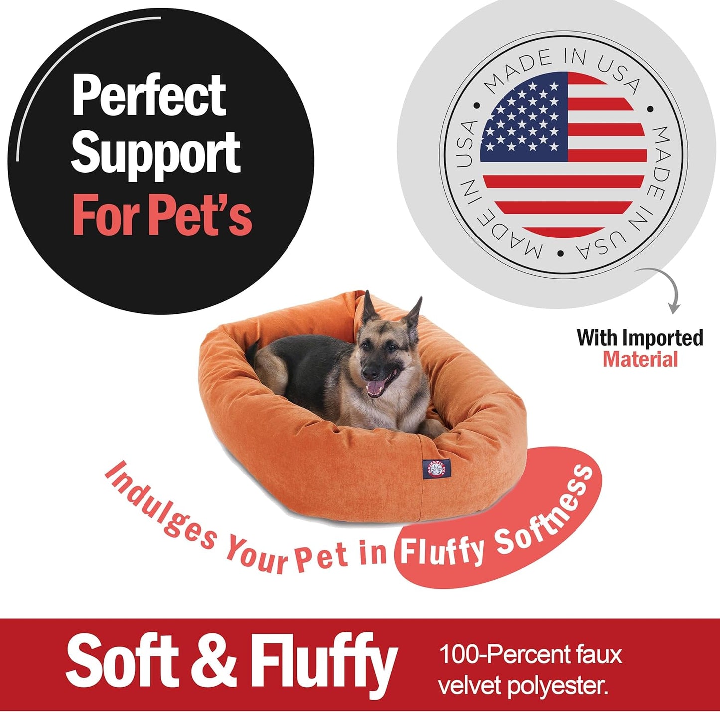 Majestic Pet 52 Inch Micro Velvet Calming Dog Bed Washable 52x35x11 (inch) – Cozy Soft Round Donut Dog Bed with Spine for Head Support -Pet Bed X- Large – Orange (2025)