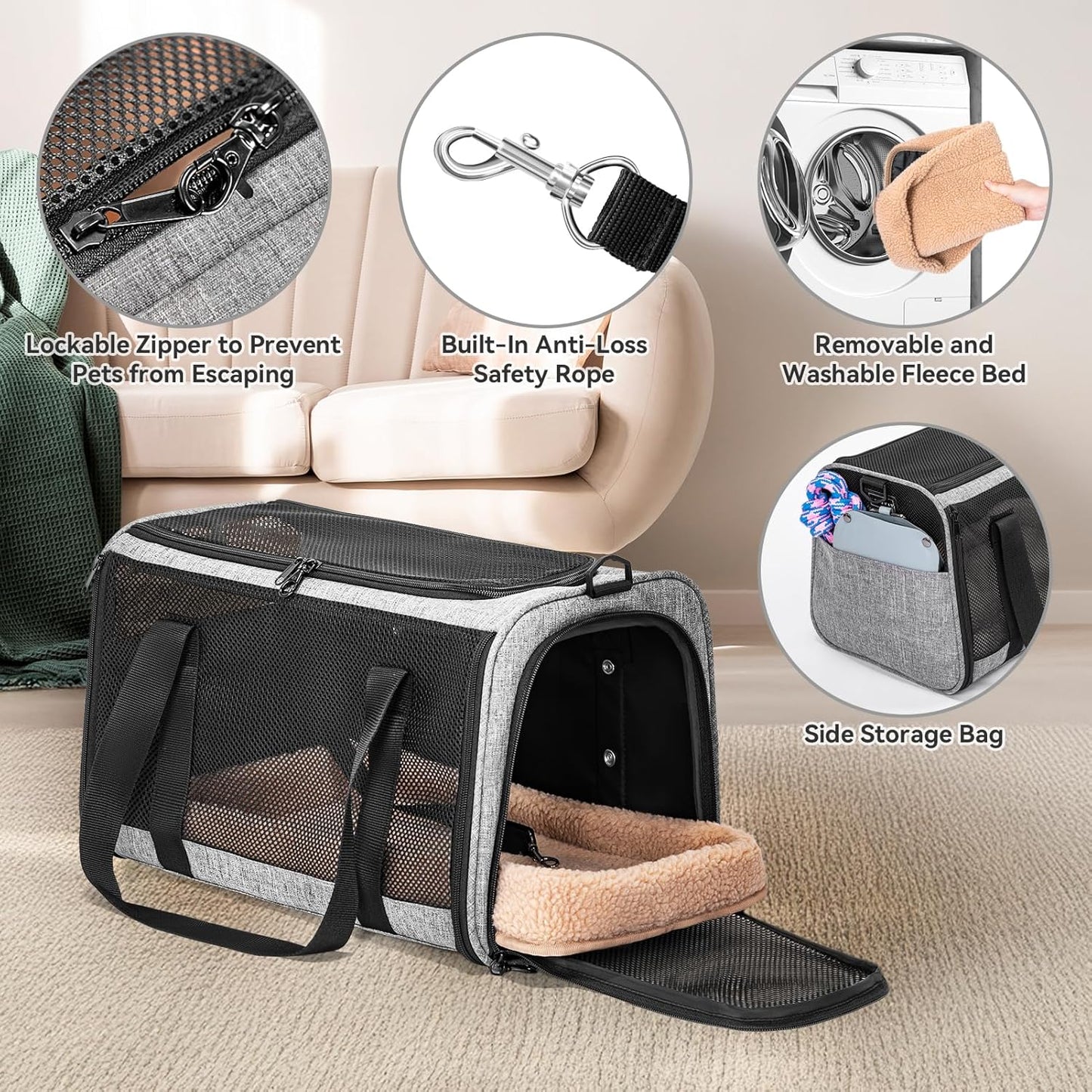 PETSFIT Soft-Sided Cat Carriers & Car Seats with Patent Safe Buckles, Clip-On Harness，18"x11"x11" Airline Approved Pet Carrier - 9 lbs Capacity,Grey