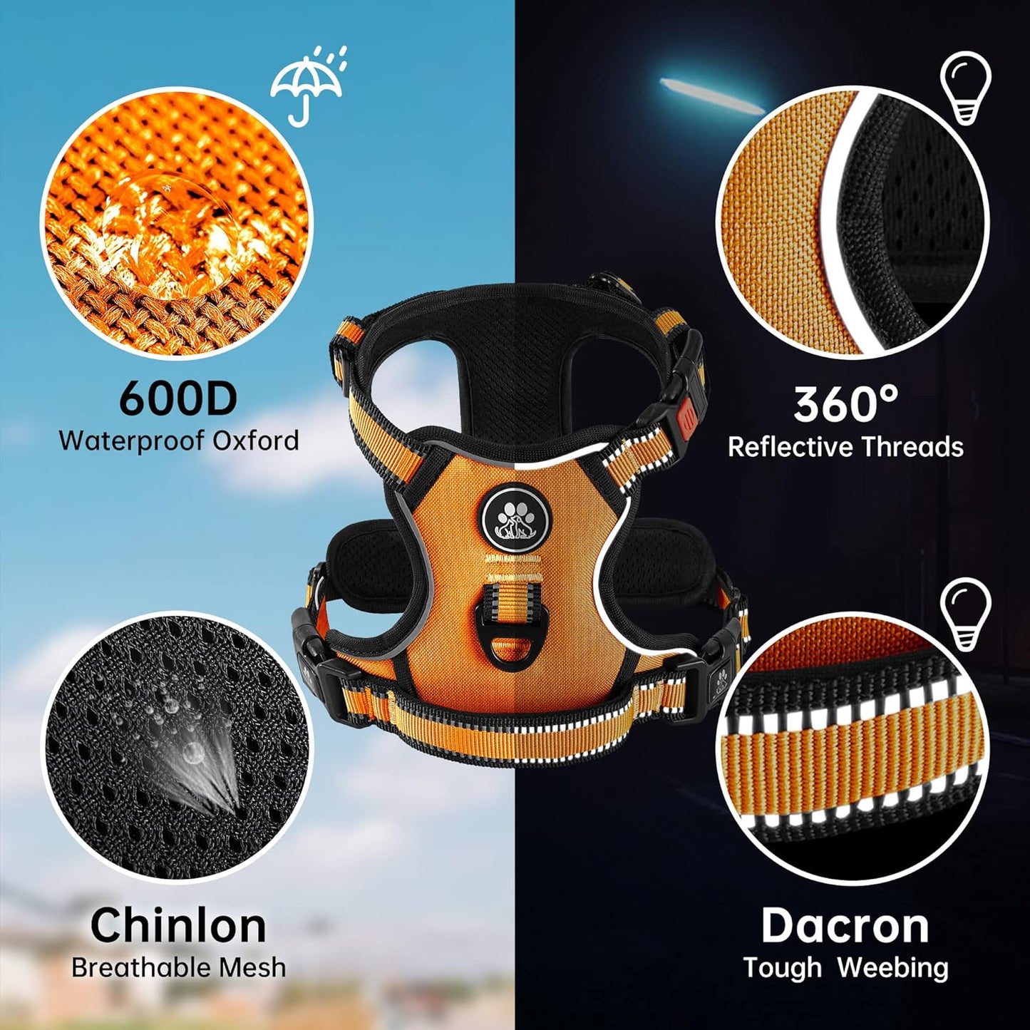 NESTROAD No Pull Dog Harness,Adjustable Oxford Dog Vest Harness with Leash,Reflective No-Choke Pet Harness with Easy Control Soft Handle for Large Dogs(X-Large,Orange)