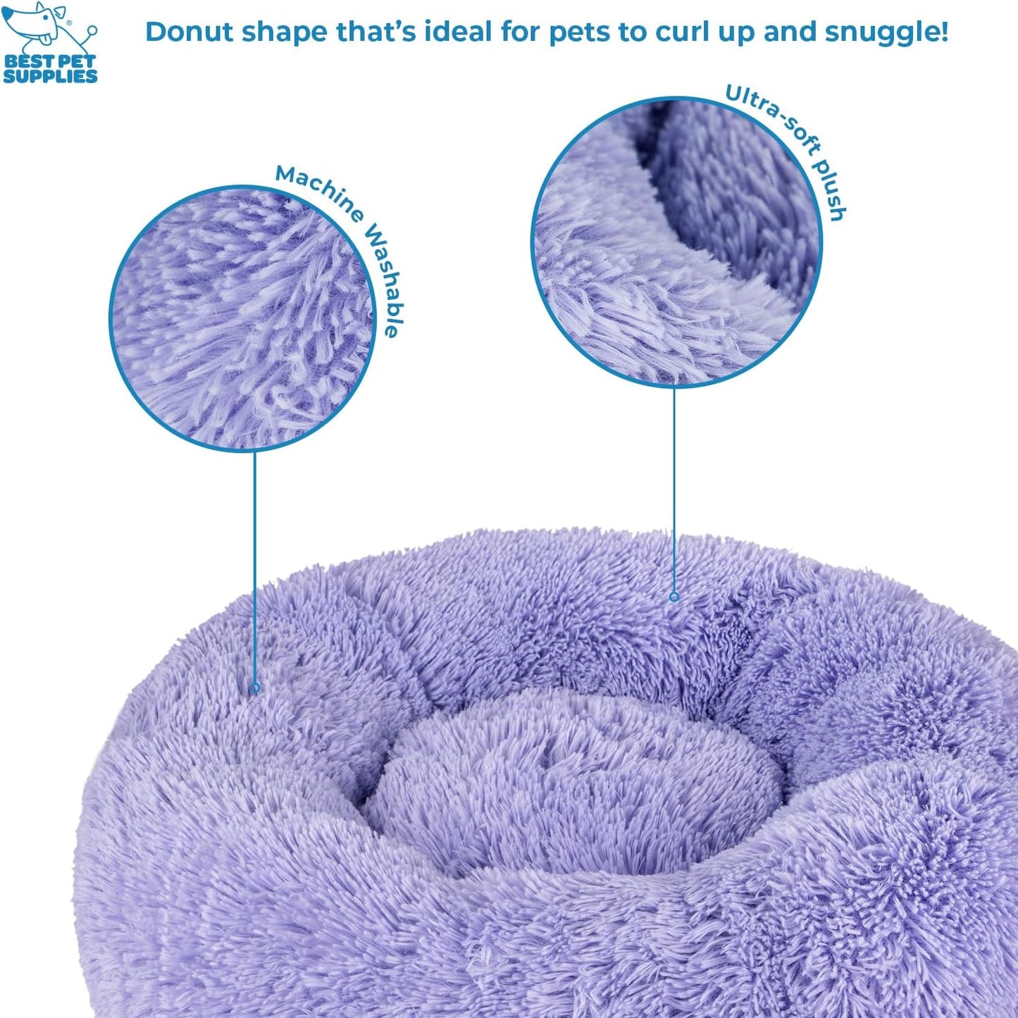 Best Pet Supplies Round Donut Dog Bed with Plush Faux Fur Fabric, Calming, Anti-Anxiety Cushion for Indoor Pets, Slip-Resistant Base, Soft Ergonomic Support - Lavender, 30x30x8''
