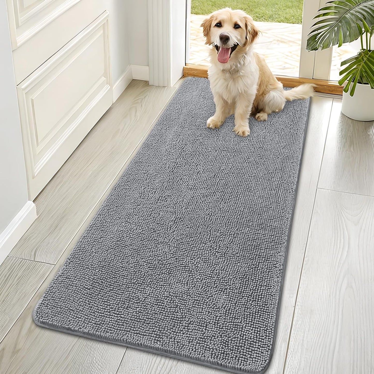OLANLY Dog Door Mat for Muddy Paws 70x35, Absorbs Moisture and Dirt, Absorbent Non-Slip Washable Doormat, Quick Dry Chenille Mud Mat for Dogs, Entry Indoor Entryway Carpet for Inside Floor, Grey