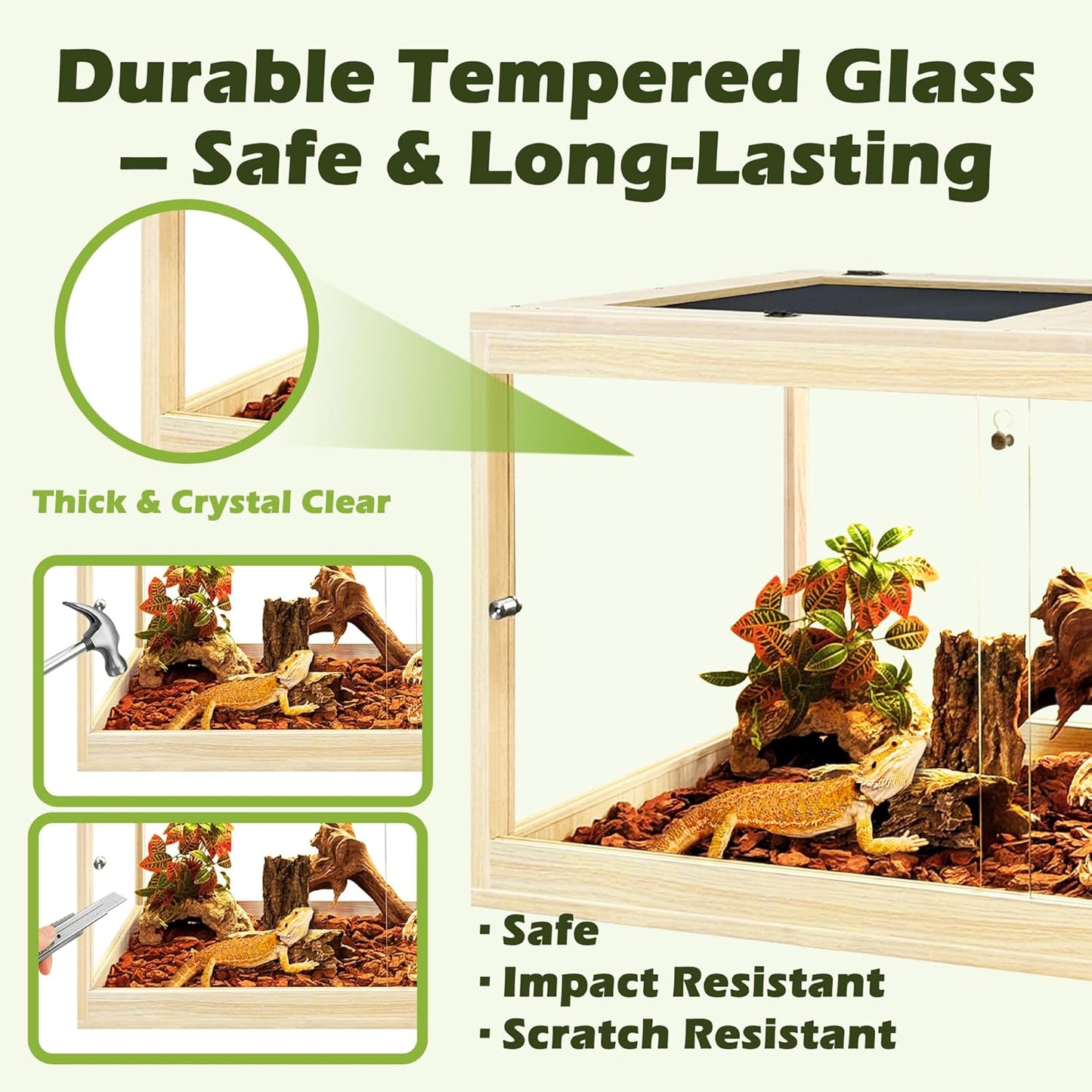 Prolee Tempered Glass Bearded Dragon Tank,Reptile Encloure and Snake Tank with Metal Mesh Roof Door,Locking Design Reptile Tank for Lizard,Gecko,Chameleon (Oak, 28 Gallon (24x16x16 Inch))