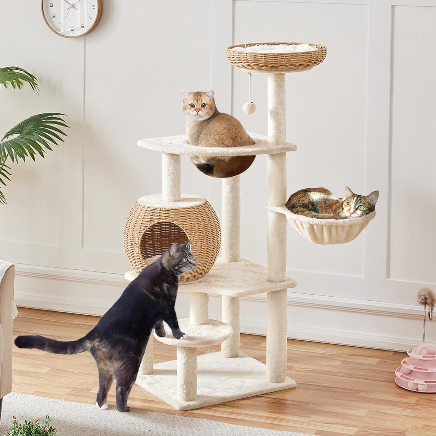 Yaheetech 54in Rattan Cat Tree, Modern Tower with Breathable Woven Condo, Scratching Posts & Washable Cushions, Naturally Cool in Summer, Cute Furniture for Indoor Cats