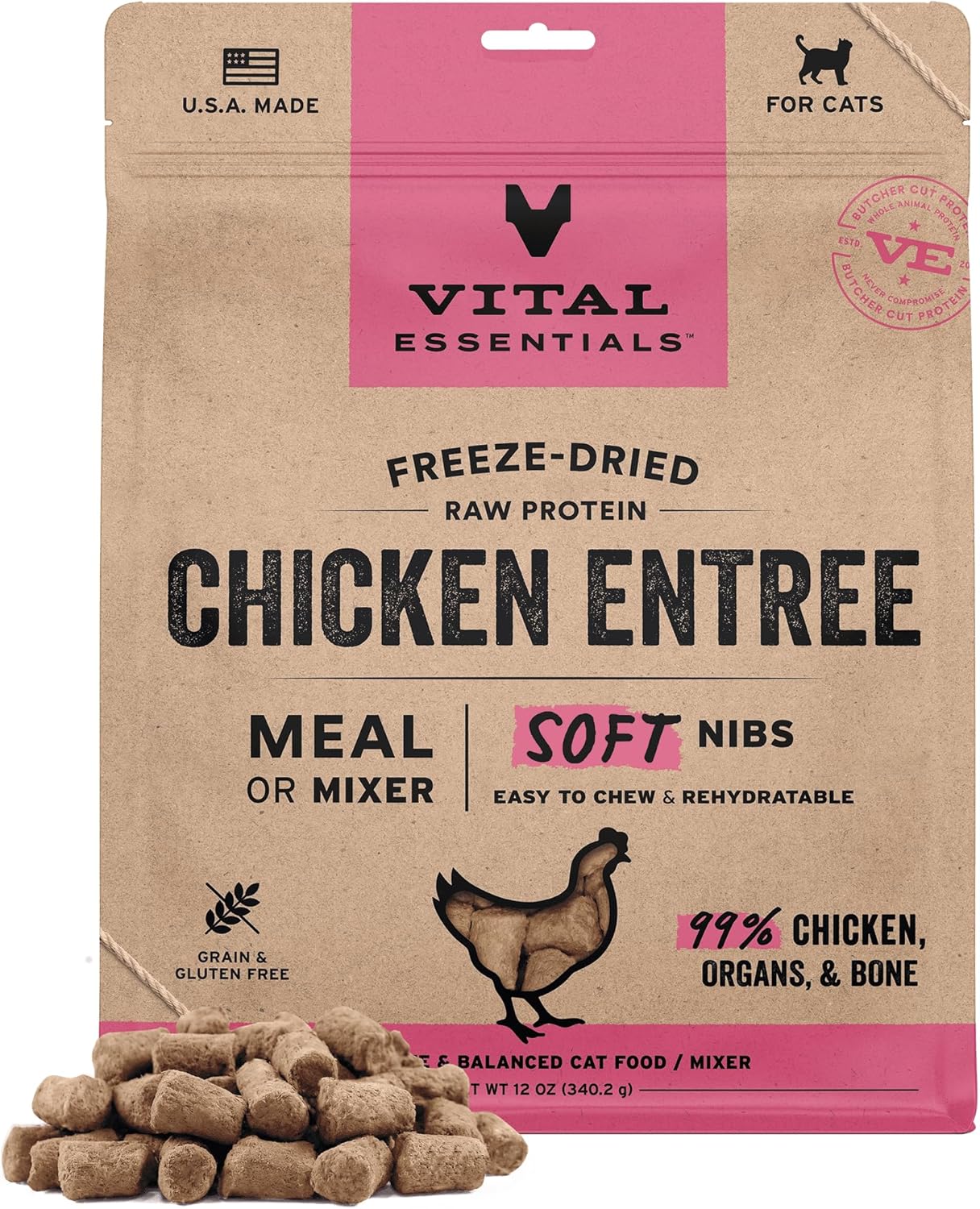 Vital Essentials Freeze-Dried Raw Chicken Meal or Mixer Cat Food Soft Nibs | 99% Chicken, Organs & Bone | 12 oz