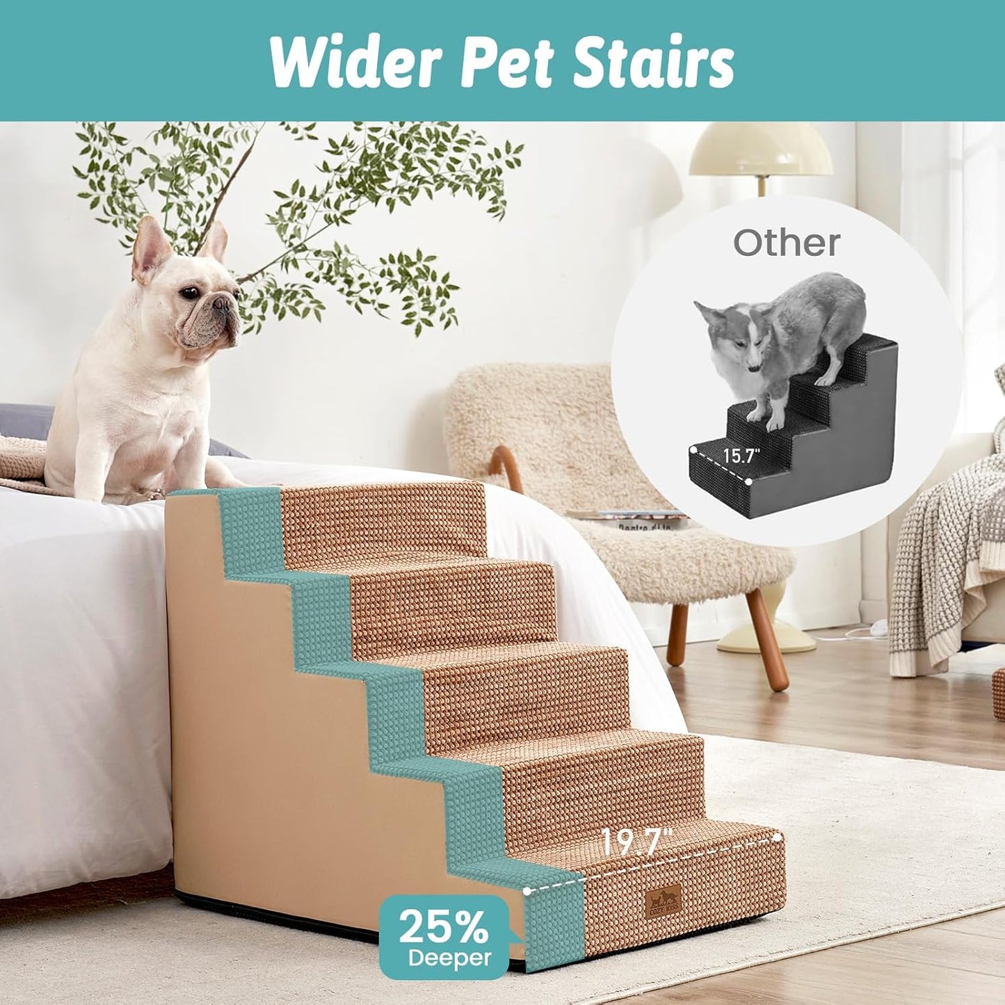 Dog Stairs for Small Dogs, 5 Tier Removable Wider Pet Stairs for Couch and Bed, 23.6" H Non-Slip Dog Steps for Puppies and Old Cats with Support Board, 29.5x19.7x23.6 inch, Light Brown