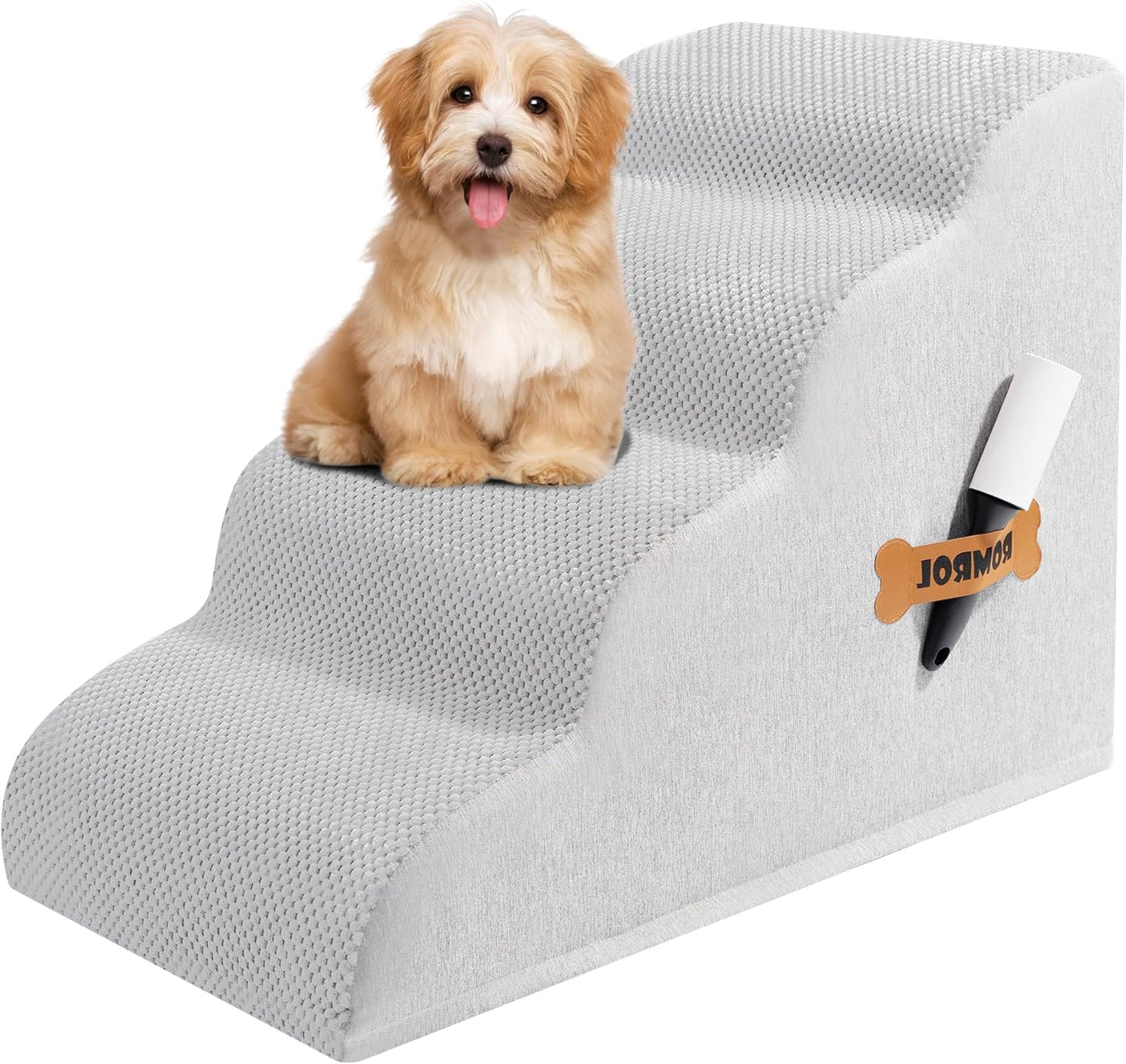 Romrol Dog Stairs Ramp for Beds Couches, Extra Wide Pet Steps with Durable Non-Slip Waterproof Fabric Cover, Dog Slope Stairs for Small Dogs and Cats or Pets Friendly, 4-TiersLight Grey