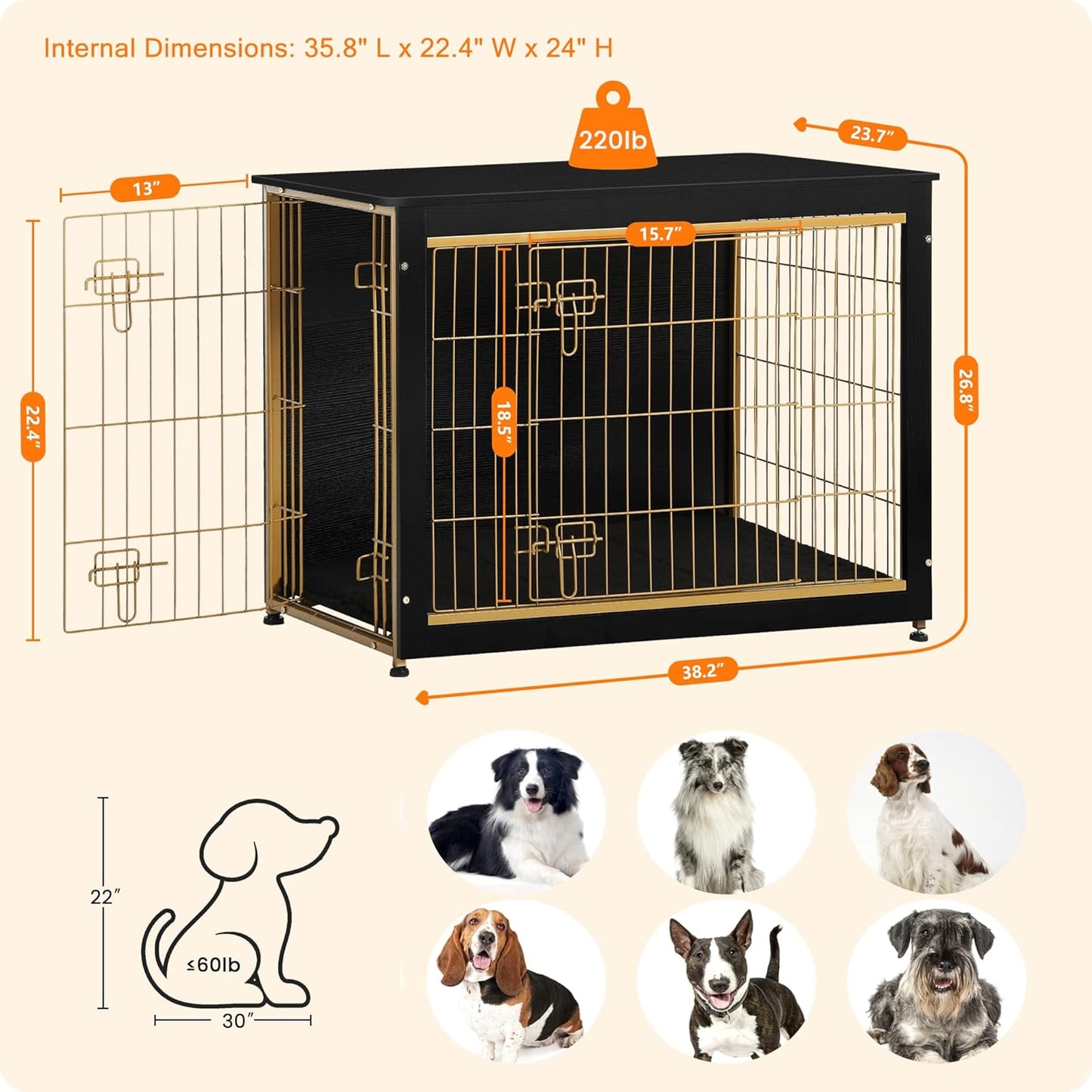 DWANTON Dog Crate Furniture with Cushion, Wooden Kennel Table with Double Doors, Indoor Dog House, Large Size, 38.5" L, Black+Gold