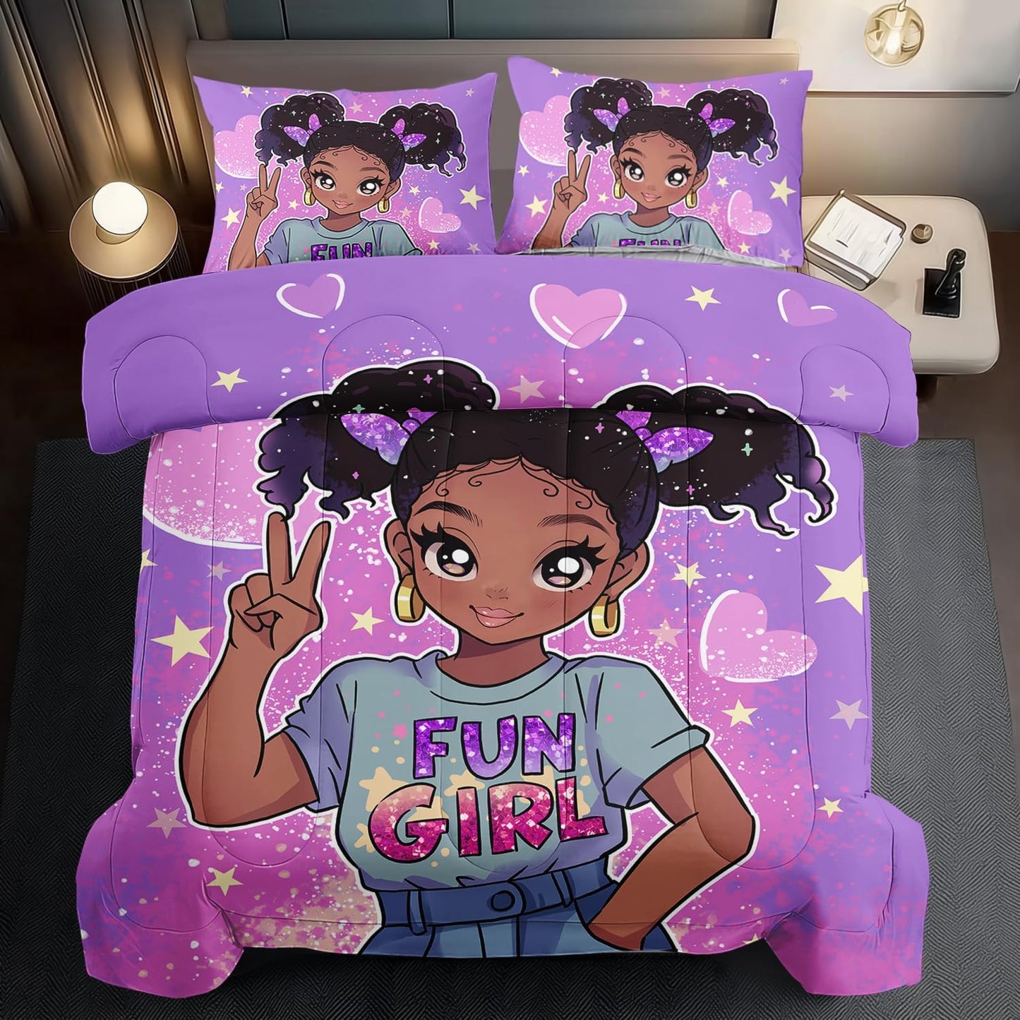 African American Black Girl Comforter Set Queen Size,Cute Black Girl Bedding Set Queen for Kids,Kawaii Heart Comforter Purple Bedding Decor for Teen,Purple Bed Quilt