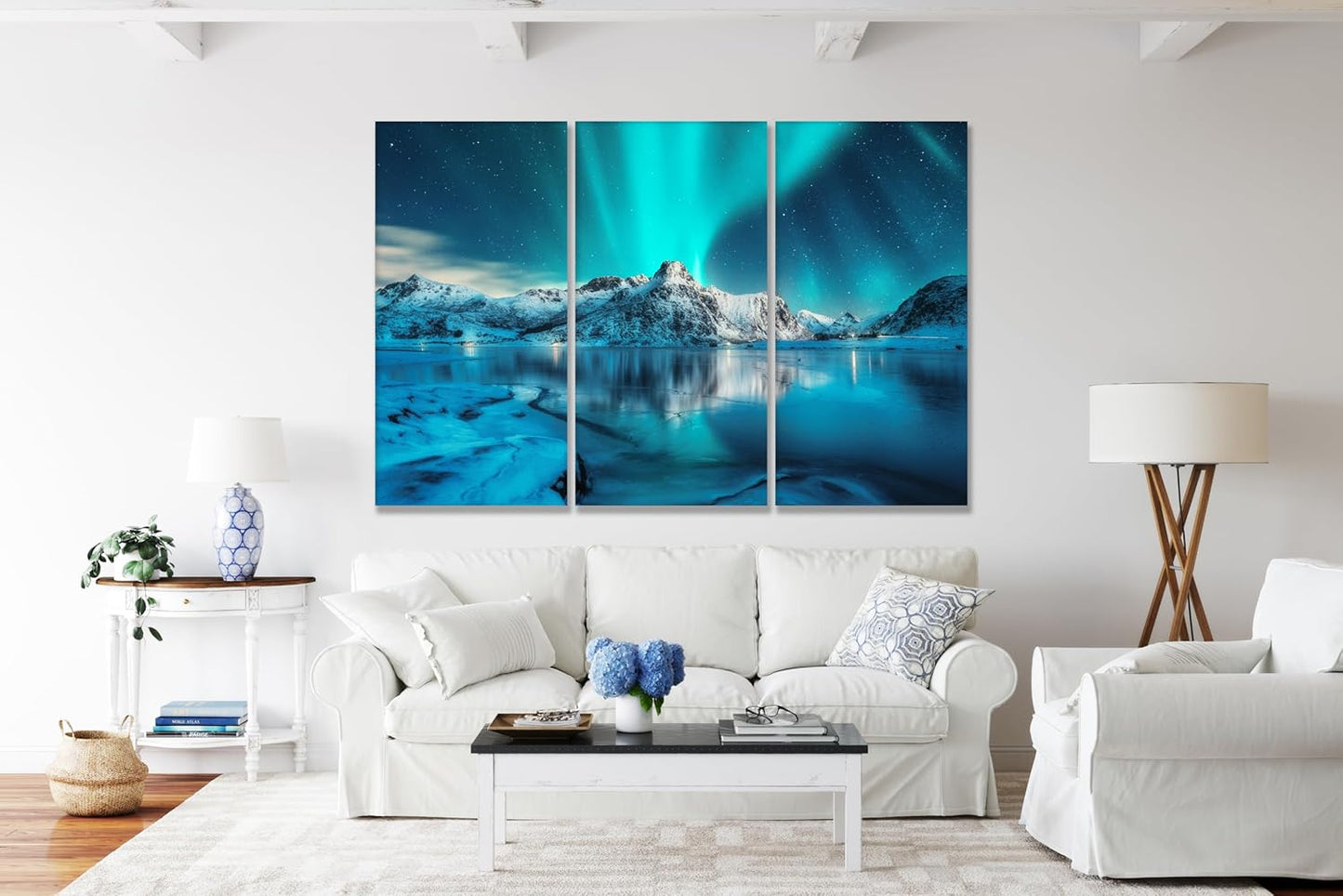 Nature Wall Art Prints - Ocean Forest Mountain Lake Canvas Landscapes - Small to Extra Large Living Room Bedroom Kitchen Bathroom Décor (Northern Lights Over Lake, 35L" x 53W" - 3 Panels)