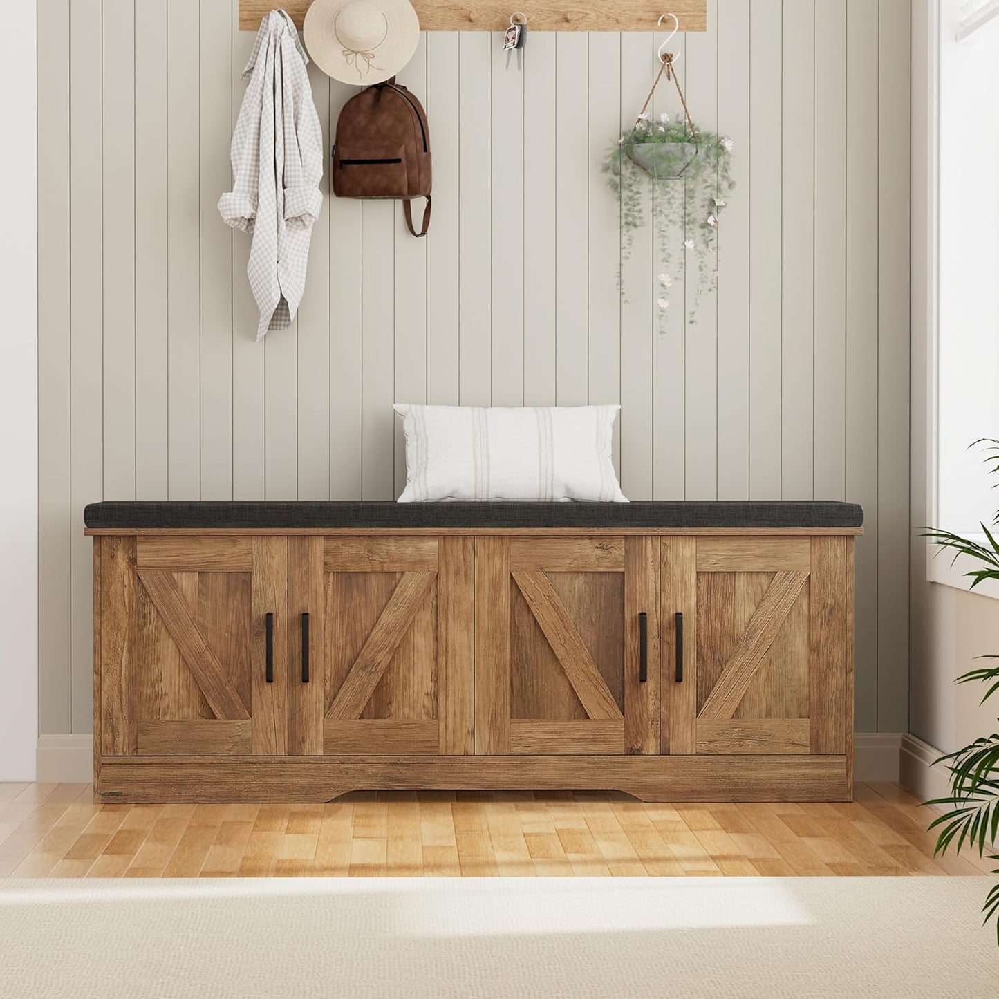 2-Tier Storage Bench, Shoe Bench with Padded Seat Cushion, Entryway Bench with 4 Barn Doors, Adjustable Shelf, 13.8" D x 47.2" W x 17.7" H, for Entryway, Living Room, Bedroom, Rustic Walnut