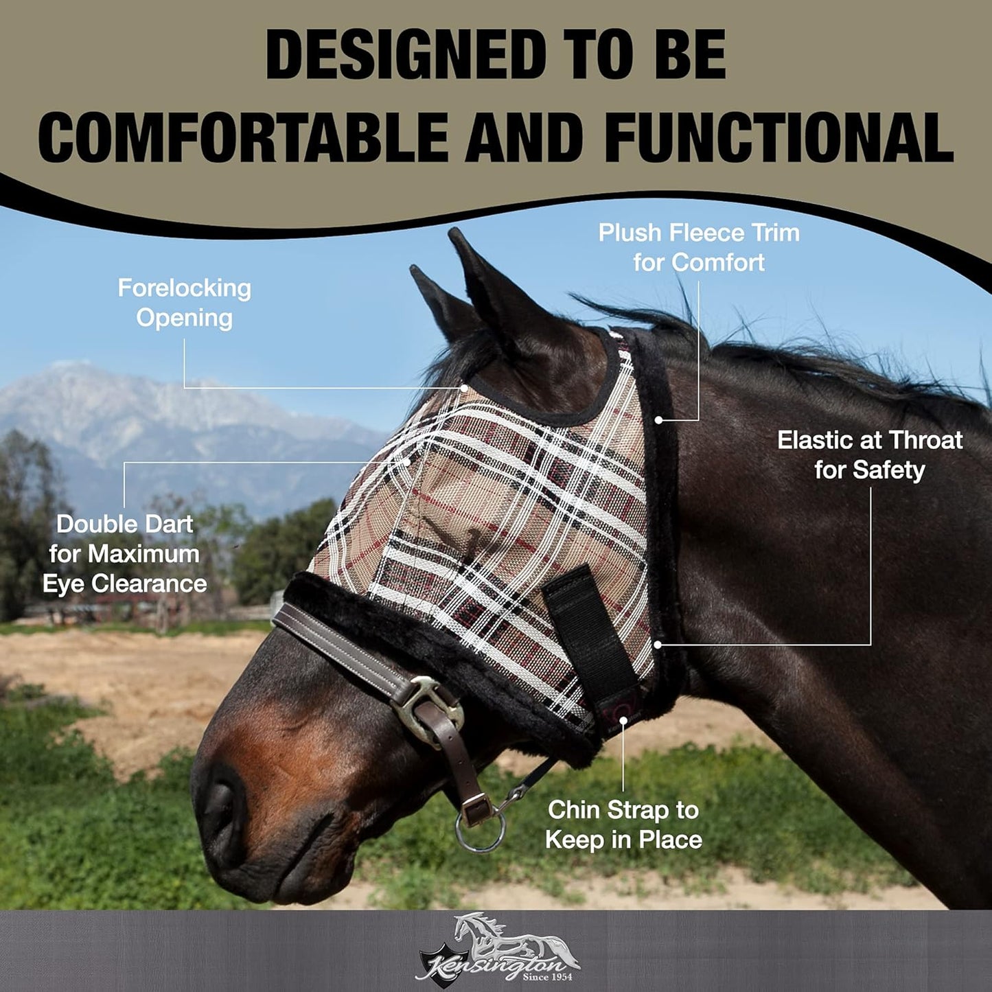 Kensington Fly Mask with Fleece Trim for Horses — Protects Face and Eyes Helps Block Sun Rays While Allowing Full Visibility — Breathable and Non Heat Transferring