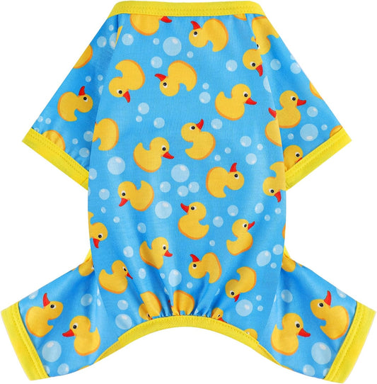 Dog Pajamas Small Sized Dogs Stretchable Summer Dog Clothes Pjs 4 Legs Girl Boy Cute Soft Puppy Outfits Doggie Cat Jammies Jumpsuit Sleeper for Pet, Blue Duck, L
