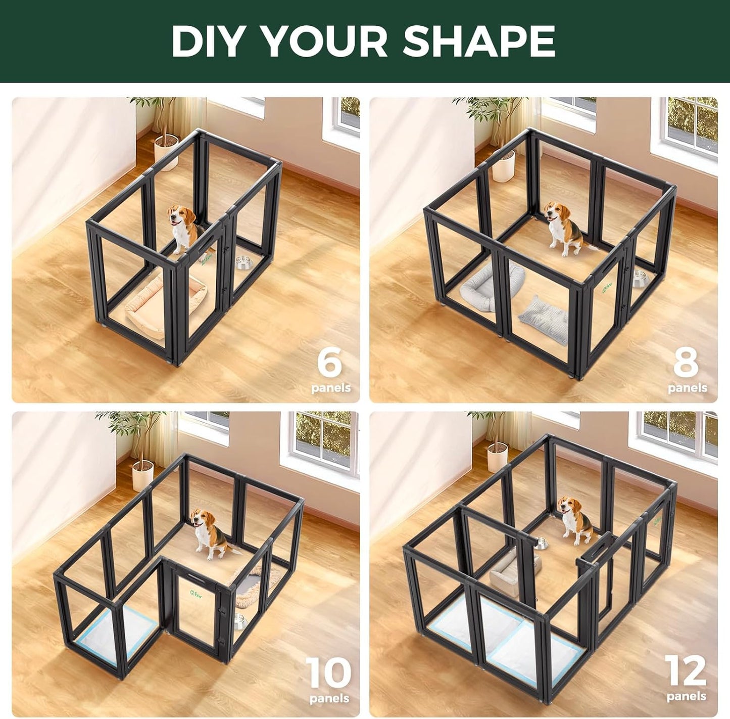 FXW AuraSpace Acrylic Indoor Unleashed Dog Playpen for Medium Dogs, 35 Inch, 16 Panels, Black