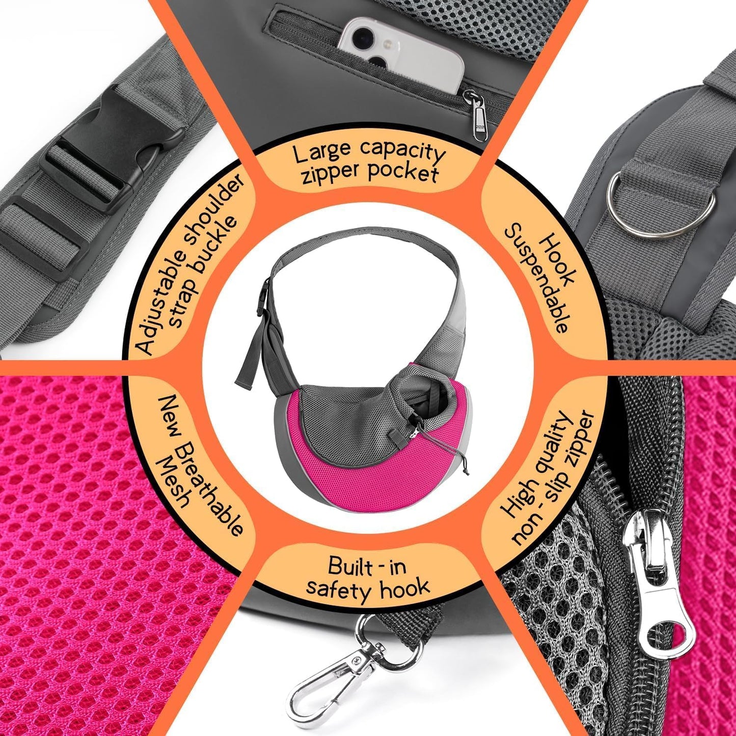 YUDODO Pet Sling Carrier for Small Dogs & Cats – Hands-Free Puppy Carrier with Safety Hook, Large Zipper Pocket, Soft Breathable Mesh, Adjustable Strap & Reflective Strip (Pink 1.0 L)
