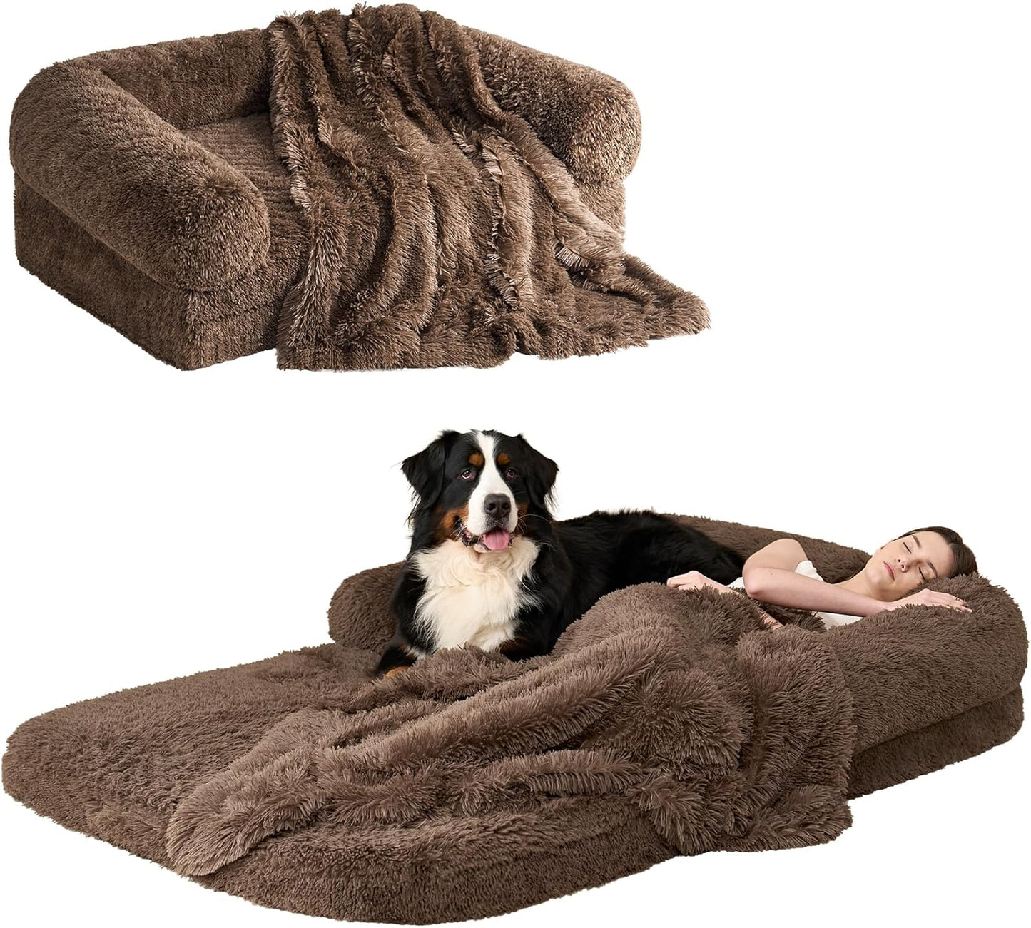 EHEYCIGA Foldable Human Dog Bed, Orthopedic Memory Foam Human Sized Dog Bed, Waterproof Pet Bed for People, Faux Fur Pet Couch for Adult, Brown, 72"x44"x11"
