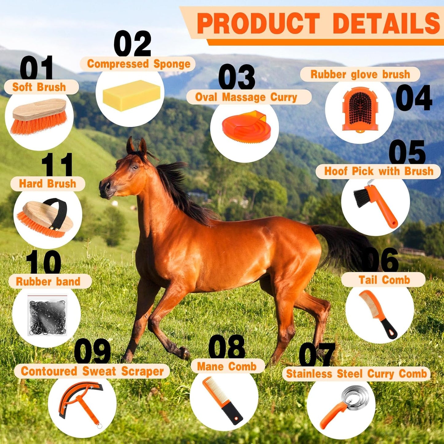 Abbylike 12 Pieces Horse Grooming Kit Racing Festival Tack Room Supplies Horse Brush Sets Equine Care Cleaning Kit Shedding Grooming Massaging Tools(Orange)