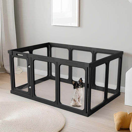 Acrylic Clear Dog Play Pen Indoor, Plastic Puppy Playpen with Door, Clear PlayPen for Dog Cat Rabbit Ferret, Easy Assemble Pen, Preferable Small Cage, 23.6" H, 10PCS, Black