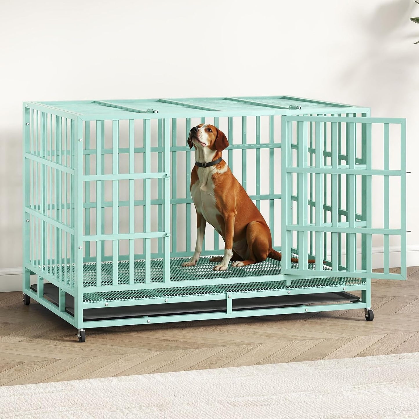 48IN Heavy Duty Dog Crate Steel Escape Proof, Indoor Double Door High Anxiety Cage Removable Tray, Extra Large,Green