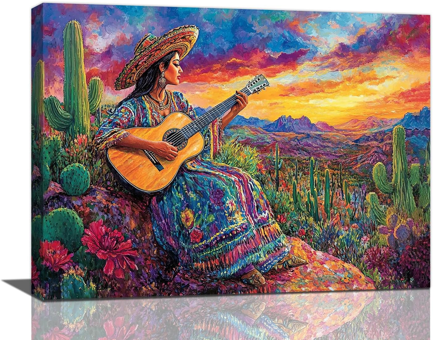 Mexican Women Pictures Wall Art, Cactus Landscape Bathroom Wall Decor, Nature Scenery Aesthetics Framed Painting Desert Modern Canvas Artwork for Bathroom Bedroom Living Room Decorations 20"L x 16"W
