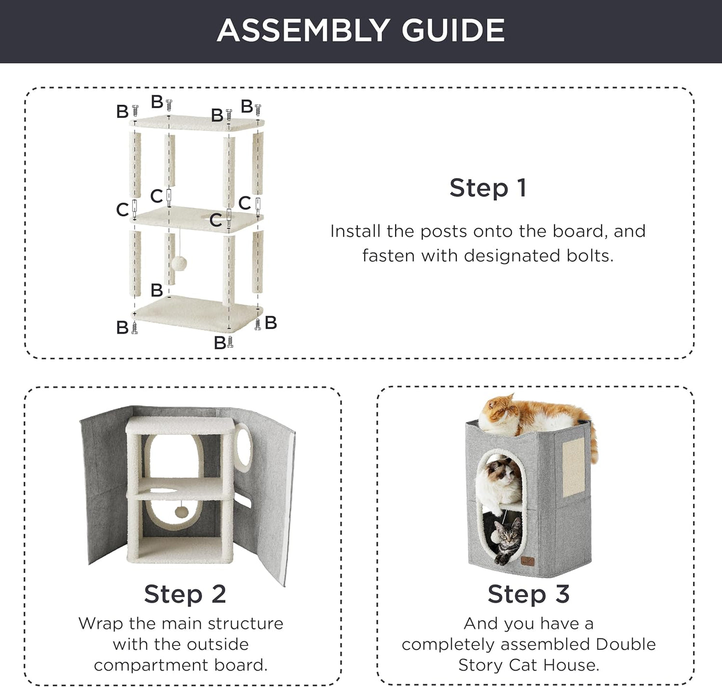Bedsure 2 Story Cat House - Cat Condos for Indoor Cats with Scratch Pad and Fluffy Ball Hanging, Small Pet Cave Furniture Hideaway for Multi Pets, 18x14x23 inches, Dark Grey