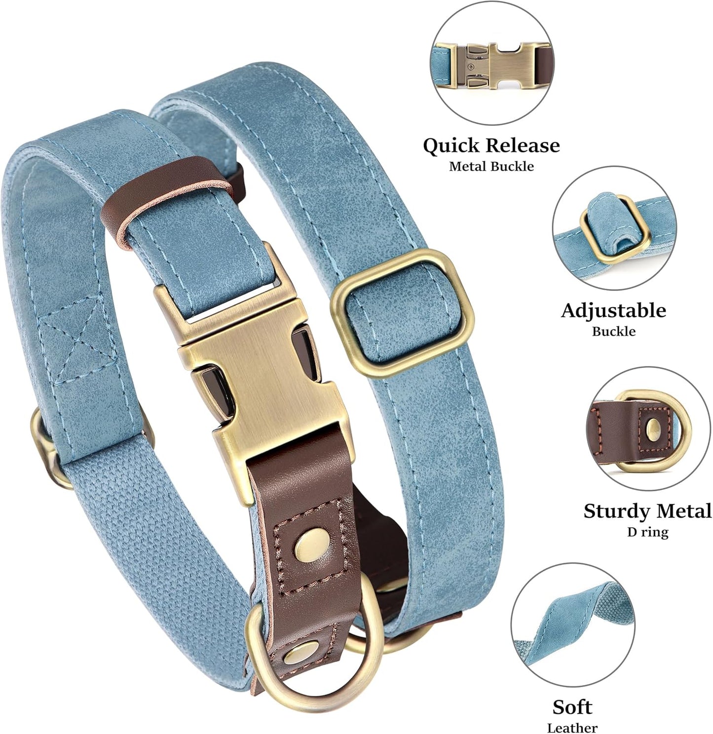 Didog Soft PU Leather Dog Collars for Medium Dogs,Classic Adjustable Dog Collars with Quick Release Metal Buckle,Easy Clean and Comfortable with Nylon Lining,Denim Blue,M Neck 13-19"