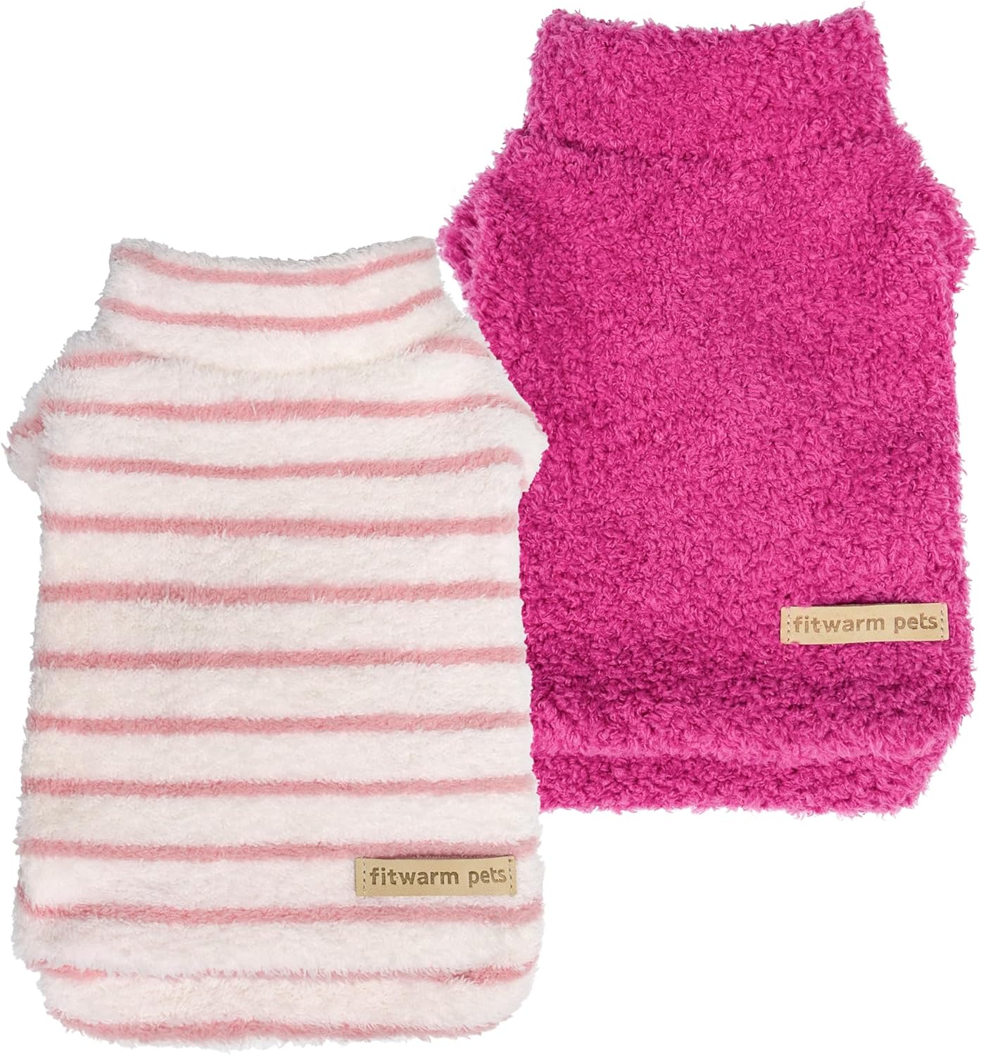 Fitwarm 2 Pack Striped Fleece Dog Sweater, Warm Winter Dog Clothes for Small Dogs Girl, Fuzzy Turtleneck Pet Outfit, Doggy Pullover Jumper, Rose Pink, White, Light Pink, XS