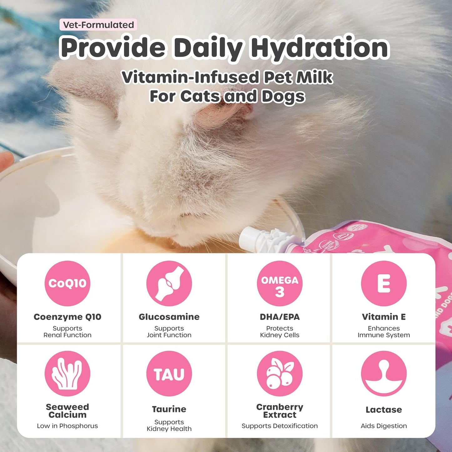 Berry Good Milk is a Lactose-Free, Vitamin-Infused Drink for Cats and Dogs. It Supports Urinary Health, Digestion, and Joint Function. Free from antibiotics, Grains, and Gluten.