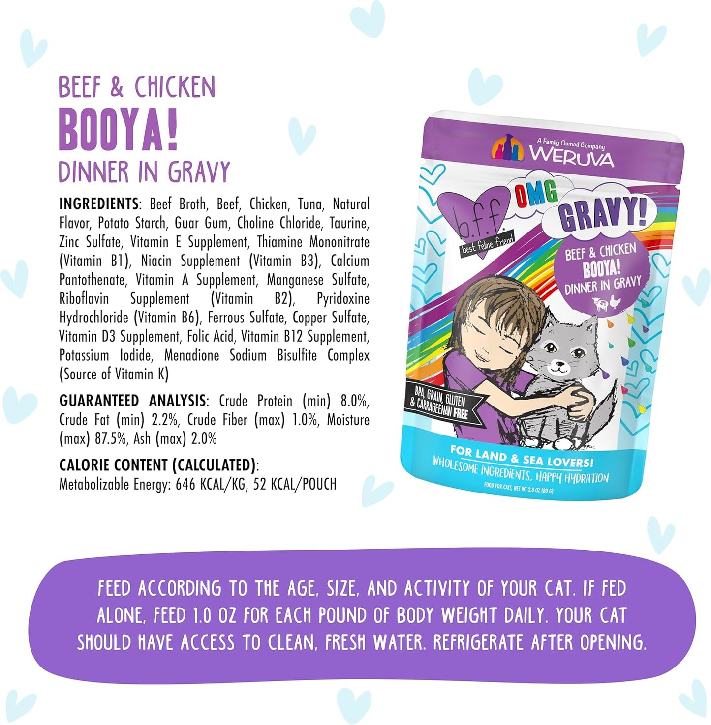 Weruva B.F.F. OMG - Best Feline Friend Oh My Gravy!, Booya! Beef & Chicken in Gravy Cat Food, 2.8oz Pouch (Pack of 12)