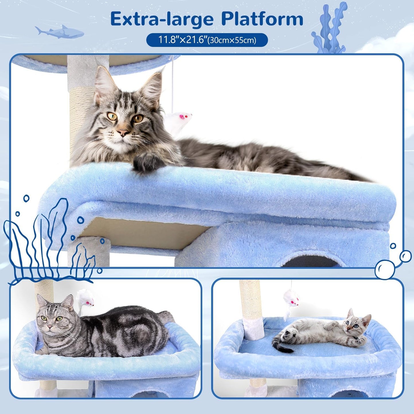 Globlazer Heavy Duty Cat Trees for Large Cats, Sturdy 72in Maine Coon Cat Tree for Large Cats 20 lbs+ Heavy Duty Cat Tower for Adult Biggest Cat with 6 Scratching Posts, Hammock, S72, Ocean Blue