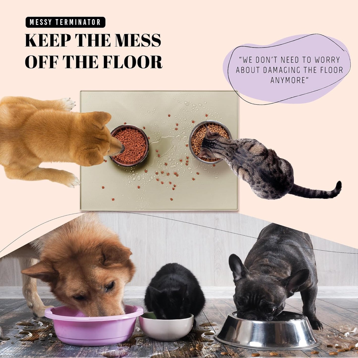 AVERYDAY 32x24'' Silicone Dog Mat for Food and Water, 0.63'' Edge Dog Food Bowl Mats for Floor Waterproof, Dogs Water Mat for Sloppy Drinker, Non Slip Rubber Pet Feeding Mats for Indoor Dogs and Cats