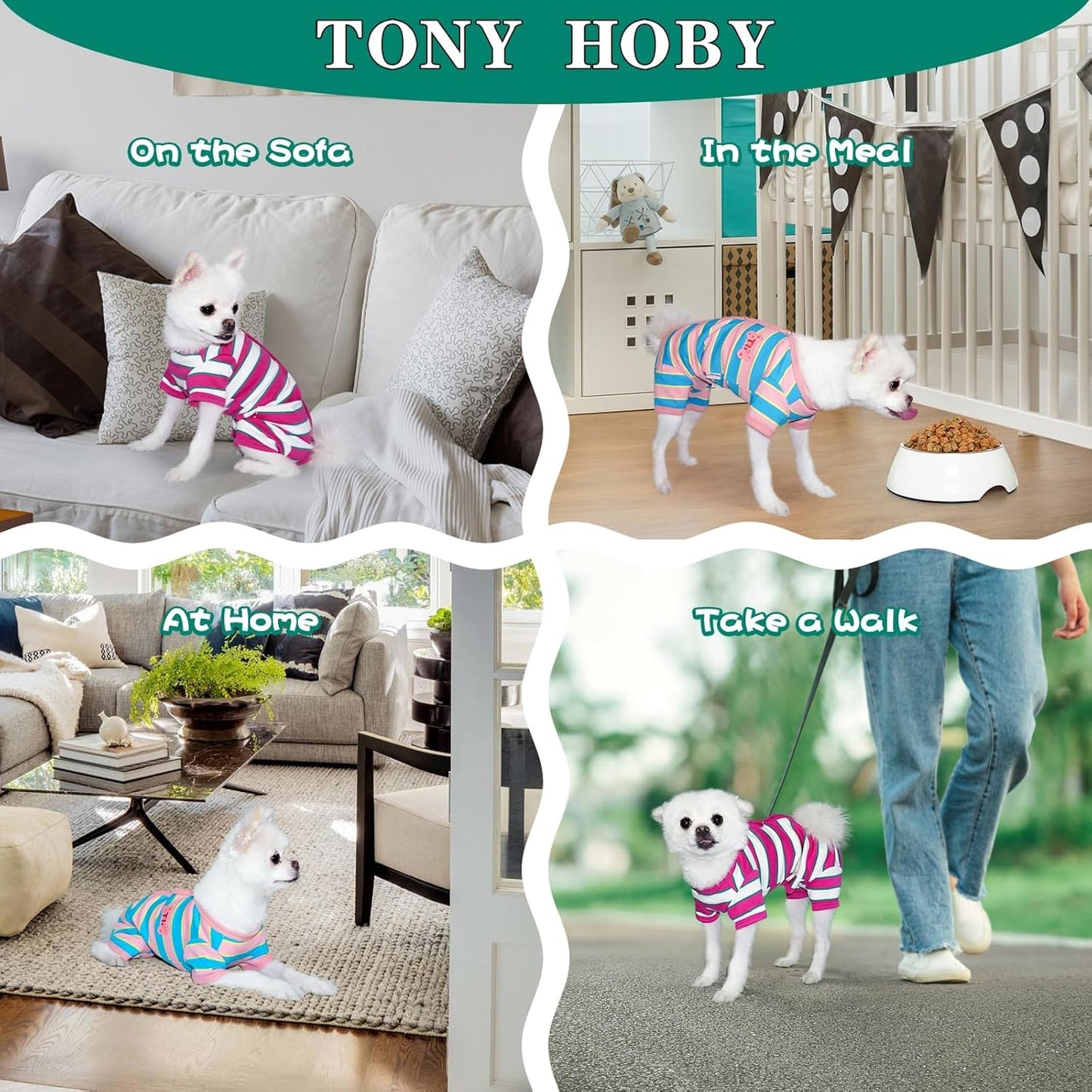 TONY HOBY Male Dog Pajamas, Dog Jumpsuit with Rose Red Stripe, Colorful Dogs Shirt for Small Medium Dogs (Rose Red&White, Boy, L)
