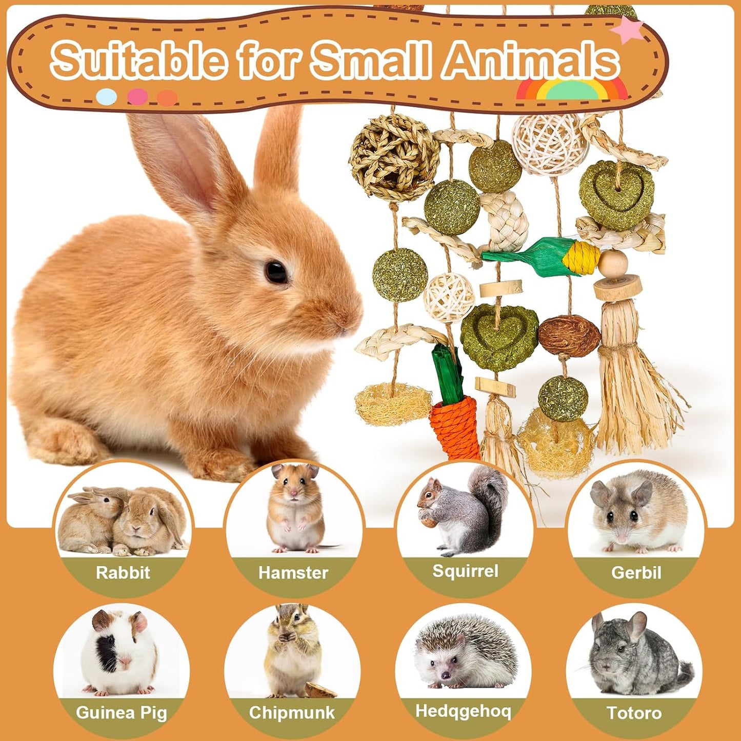 VESPRO Bunny Chew Toys, Rabbit Cage Hanging Chewing Toy and Treats Snack Ring, for Rabbits Chinchilla Guinea Pig Hamsters Grinding Teeth with Other Small Pets, Natural Materials Handwoven (5 Strings)