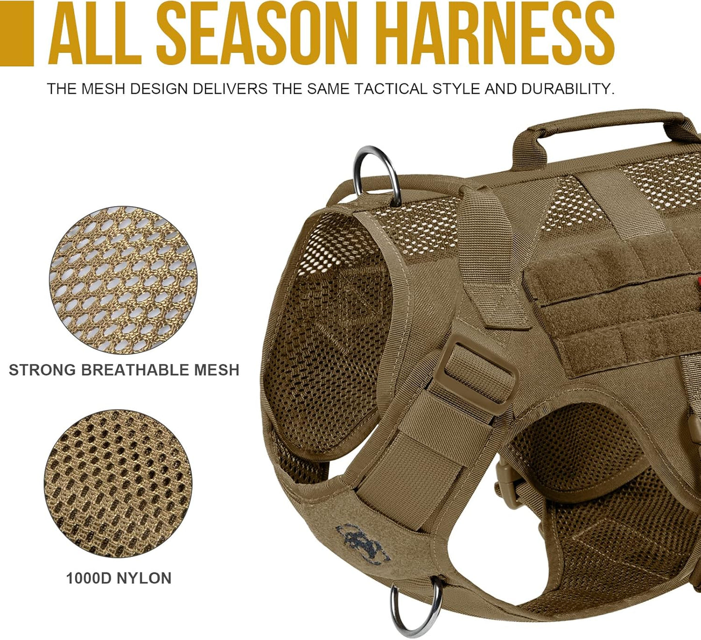OneTigris No Pull Tactical Dog Harness for Medium Dogs, Aire Mesh Dog Vest Harness, Breathable Military Dog Molle Vests with Handles, Service Dogs Vest for Walking Hiking Training (L, Brown)