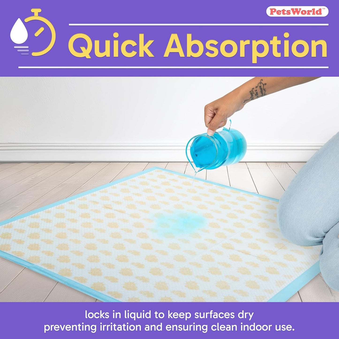 PETSWORLD Giant Dog Potty Pads, Odor-Eliminating, 36" x 36", Ultra Absorbent 5-Layer Leak-Proof Training Pads for Dogs & Cats (36x36 Health Indicating, 50 Count)