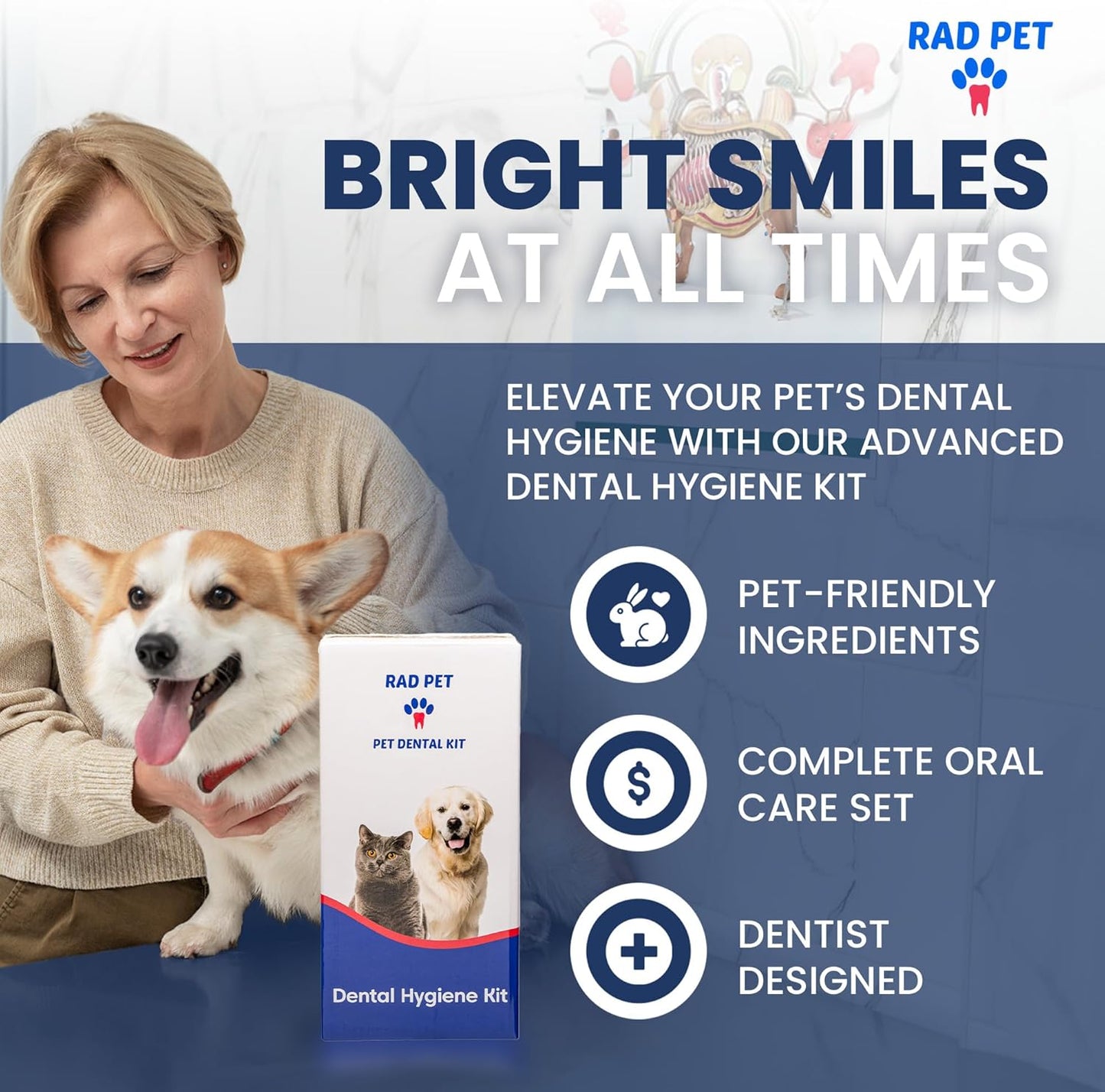 RAD PET - Advanced Pet Dental Hygiene Kit, Vet-Formulated Cat & Dog Tooth Brushing Kit, Complete Oral Care with Cat/Dog Toothbrush and Toothpaste (Enzymatic), Pet Dental Wipes & Water Additive
