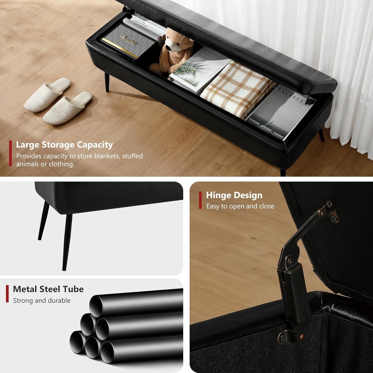 Leather Storage Ottoman Bench,End of Bed Bench for Living Room Bedroom Dinning Room Entryway,Mid-Century Modern,Faux Leather,with Steel Legs,Safety Hinges,Loads 660 lb (Without Button, Black)