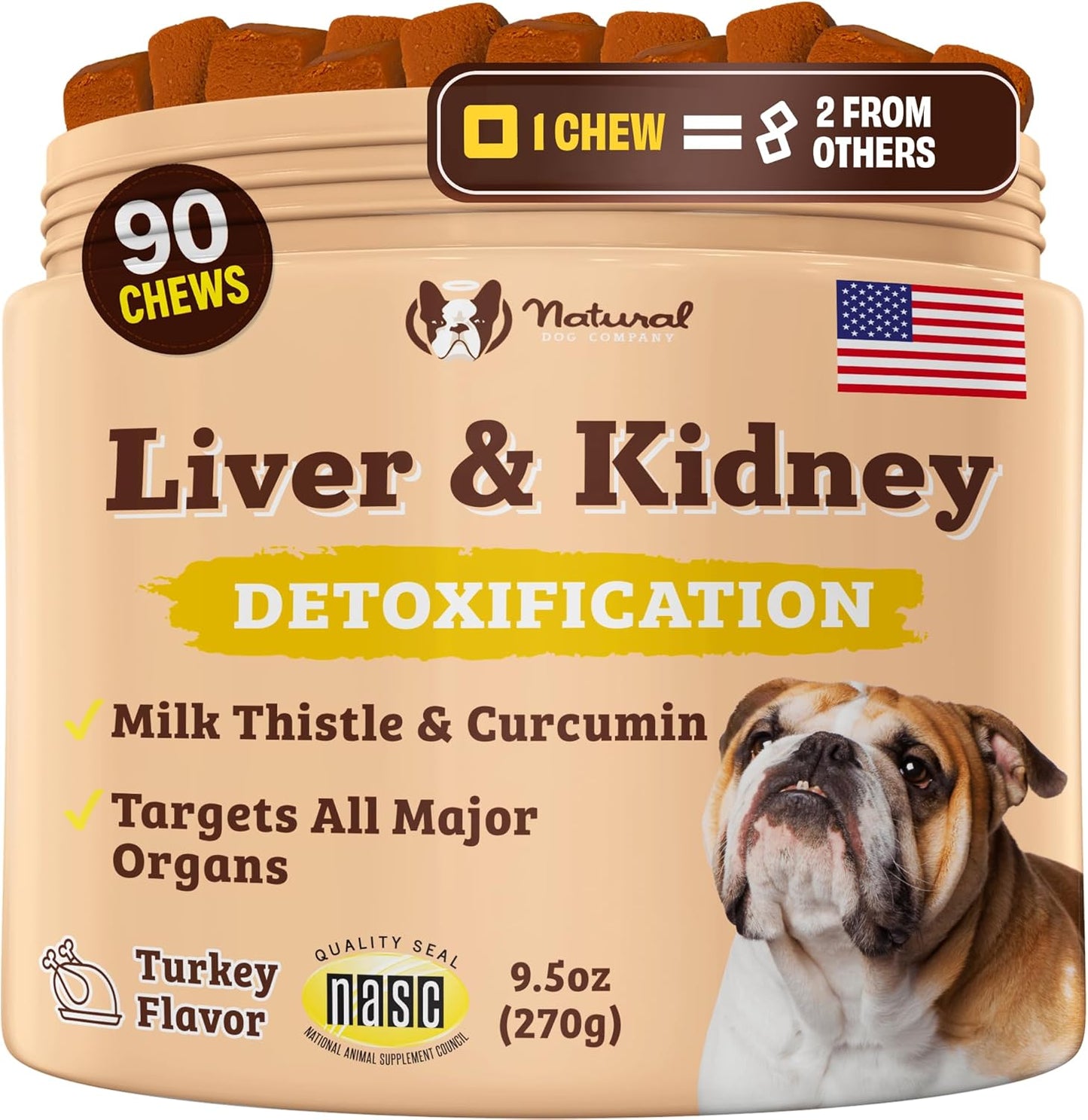 Natural Dog Company Liver & Kidney Supplement for Dogs – 90 Soft Chews with Milk Thistle, Cranberry, Dandelion Root, Turmeric & Astragalus – Supports Liver Function, Kidney Health & Overall Wellness