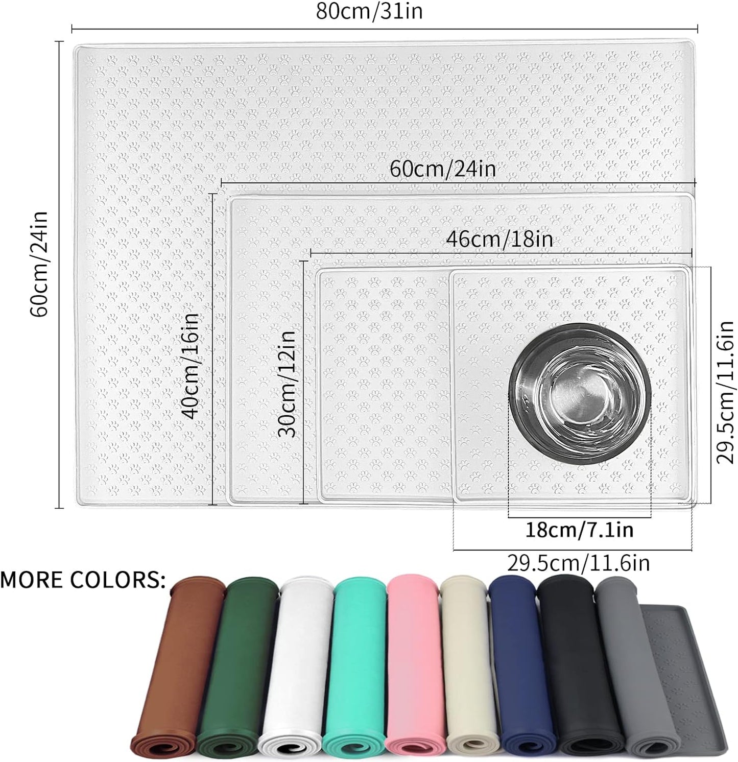 Ptlom Pet Placemat for Dog and Cat, Waterproof Silicone Pet Feeding Bowl Mats for Food and Water, Small Medium Large Dogs Mat Prevent Residues from Spilling to Floor, White, 24.5" 16.5"