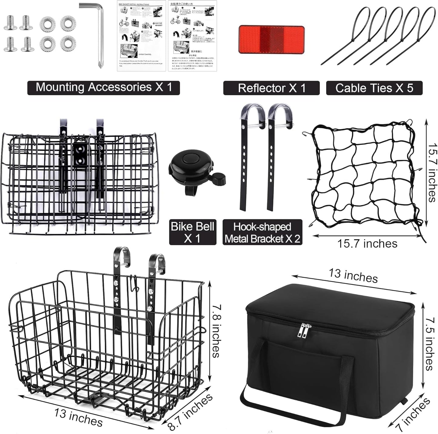 Aodaer Bike Basket with Removable Liner Bag Cargo Net Large Folding Bike Basket Quick Release Metal Ebike Basket Bicycle Storage Basket for Carrying Fruit & Grocery Pets Dogs