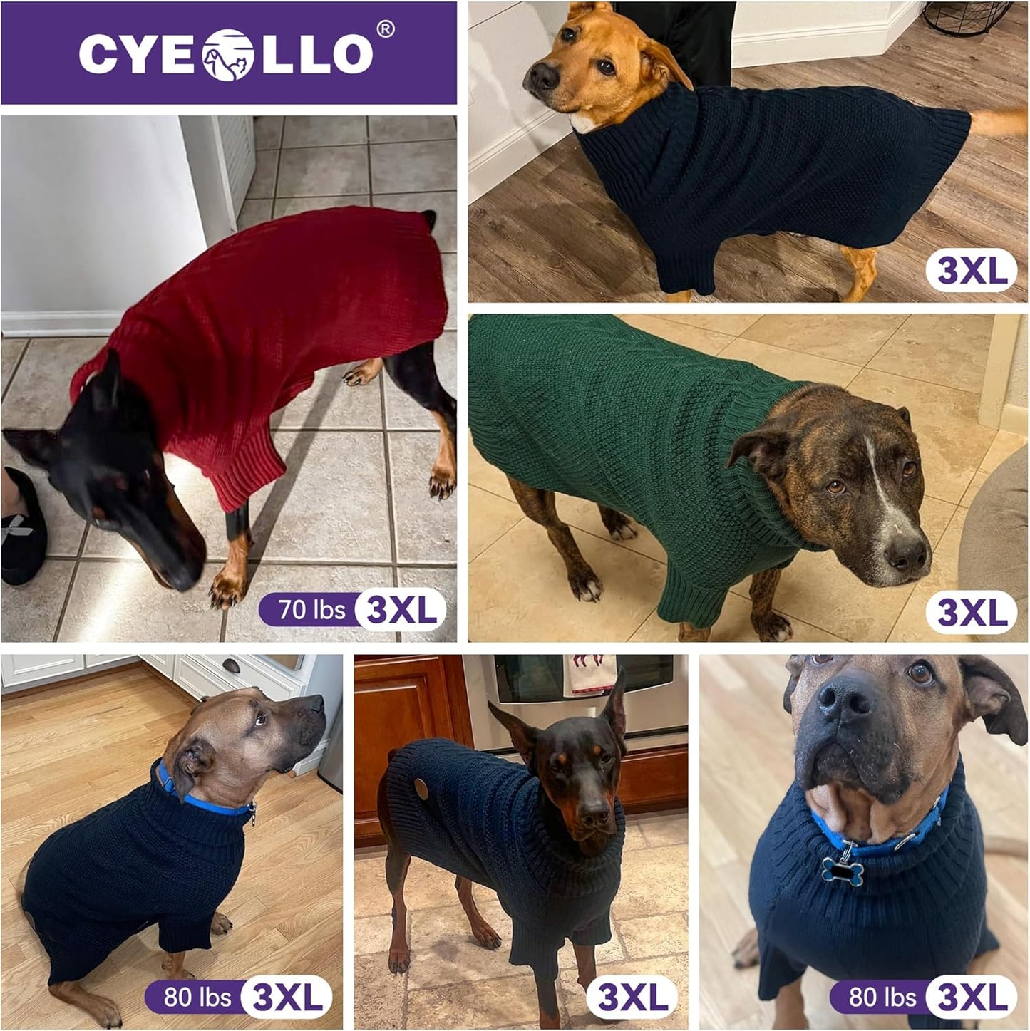 cyeollo 3XL Dog Sweaters for Large Dogs Boy, Stretchable & Cozy Warm Knit Doggy Sweater with Sleeves Turtleneck Fall Winter Cold Weather Big Dog Clothes Like Doberman Labrador, Navy XXXL