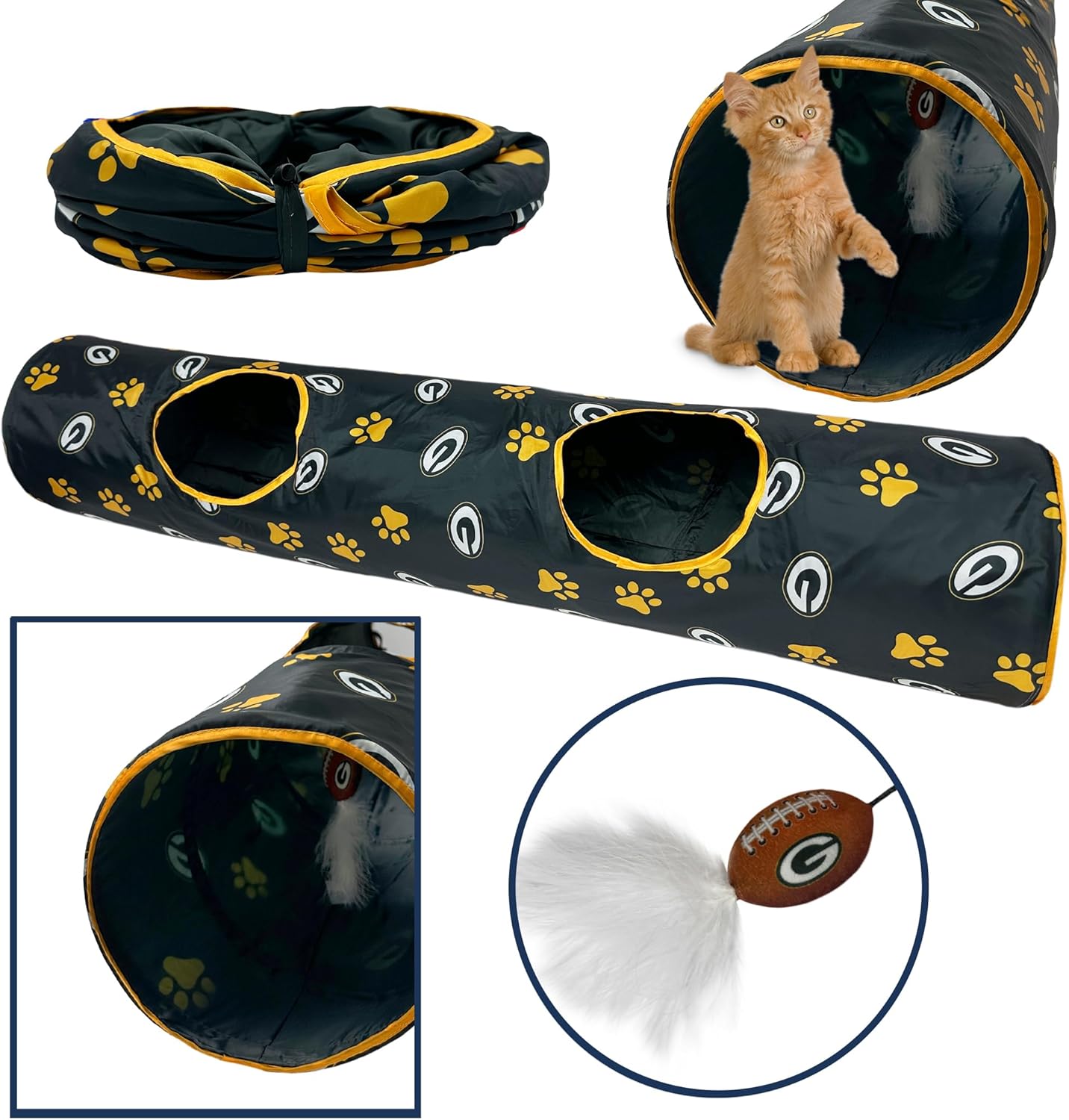 NFL Green Bay Packers Cat Tunnel Tube Toy with Plush Football Catnip and Feathers Collapsible Tunnel for Cats to Play, Peek and Hide, Sporty & Fun Cat Tunnel Toy with Team Logo All-Over Design!